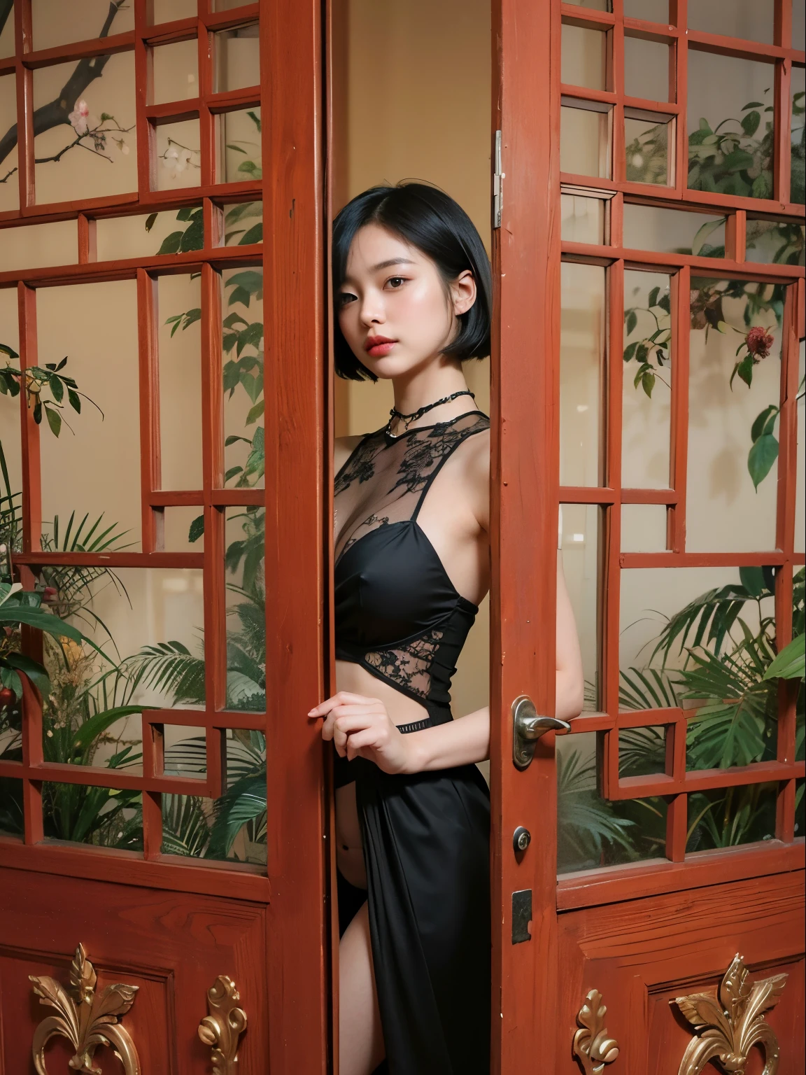 (Best quality, 8k, 32k, Masterpiece, UHD:1.2) "Generate a captivating artwork featuring a young Japanese girl model with short, sleek black hair styled in a chic bob haircut. Envision her bathed in dramatic cinematic lighting, creating an atmosphere of allure and mystery. Emphasize a romantic aesthetic vibe, showcasing the model in a poised and elegant pose that evokes a sense of intimacy and sophistication. Utilize warm and soft tones to enhance the romantic ambiance, and consider incorporating elements like flowing fabrics or flowers to add a touch of ethereal beauty. Capture the essence of romance and beauty through the model's expression, the play of light and shadows, and the overall aesthetic, creating a visually compelling and emotionally resonant piece." (perfect eyes), flawless skin, flawless face, cinematic, tight body, ((well-proportion female hands)), ((female hands with five digits)) ((Body is well proportioned)), ((chic bob haircut)), lingerie