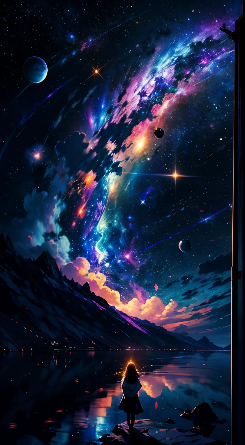 Empoleirado em uma nuvem wispy, A young woman looks in awe at the breathtaking expanse above. The night sky comes alive with a sea of stars, cintilantes como diamantes espalhados por uma tela de veludo. Cosmic phenomena swirl and dance, painting bands of vibrant colors across the vastness of space. Com os cabelos suavemente arremessados pela brisa celestial, The silhouette bears witness to the beauty of the universe. Sereno e cheio de maravilhas, She becomes part of this cosmic symphony, His presence illuminating the infinite possibilities that lie beyond the clouds.