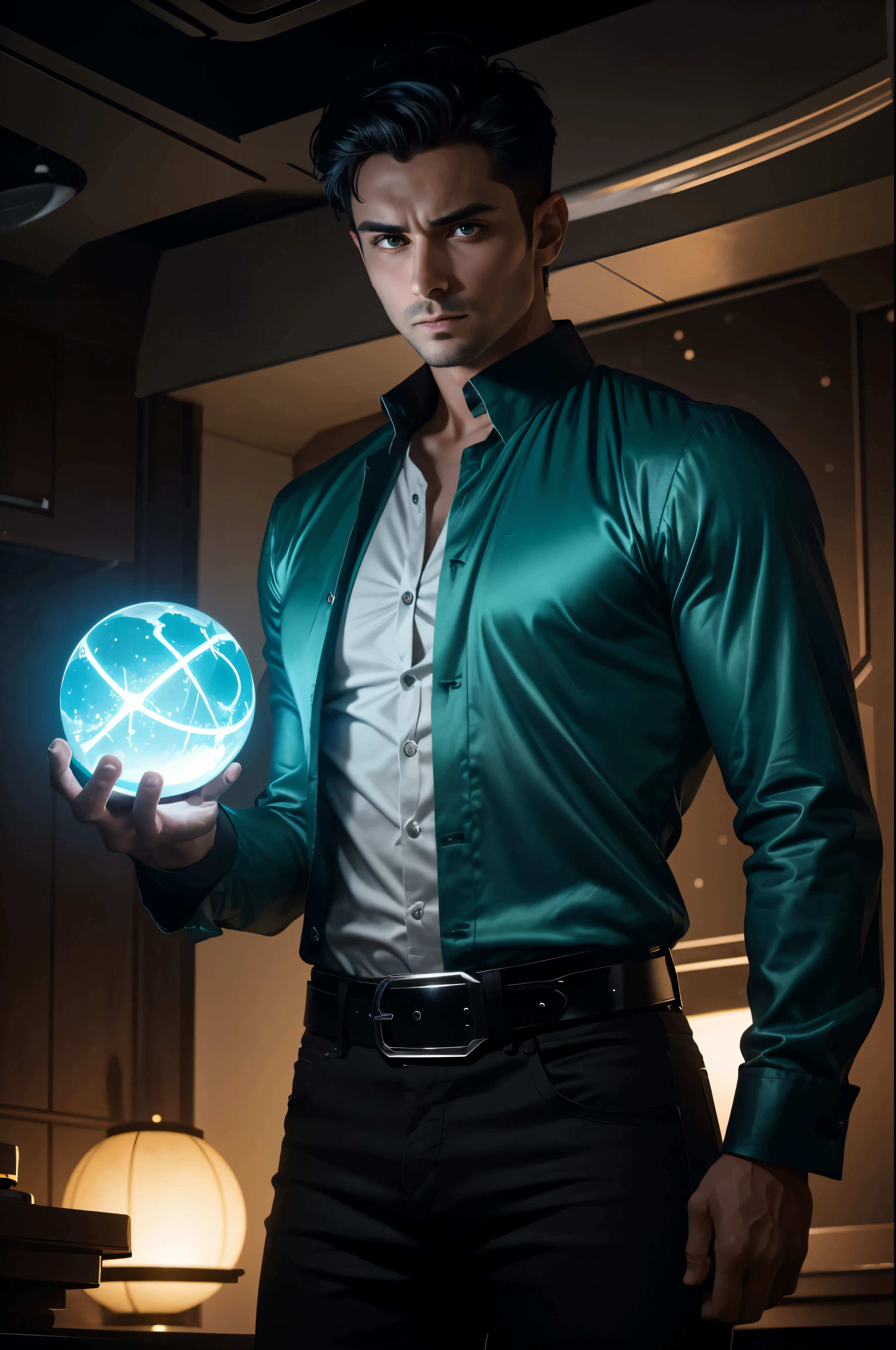 A 29-year-old man with short black hair in a fade, forest green eyes, stands facing the camera at the center of the image. He wears a white satin shirt with the collar buttons undone, paired with tight-fitting black skinny jeans and a shiny silver belt. His hands are held out in front of him, fingers poised in intricate gestures as he channels his magical abilities. Between his palms, a vibrant fluorescent blue energy ball crackles and swirls, radiating power and intensity. The scene unfolds within the confines of a spaceship, its sepia-toned interior illuminated by the eerie glow of the energy ball, reminiscent of the captivating aesthetics of the Stargate Universe series
