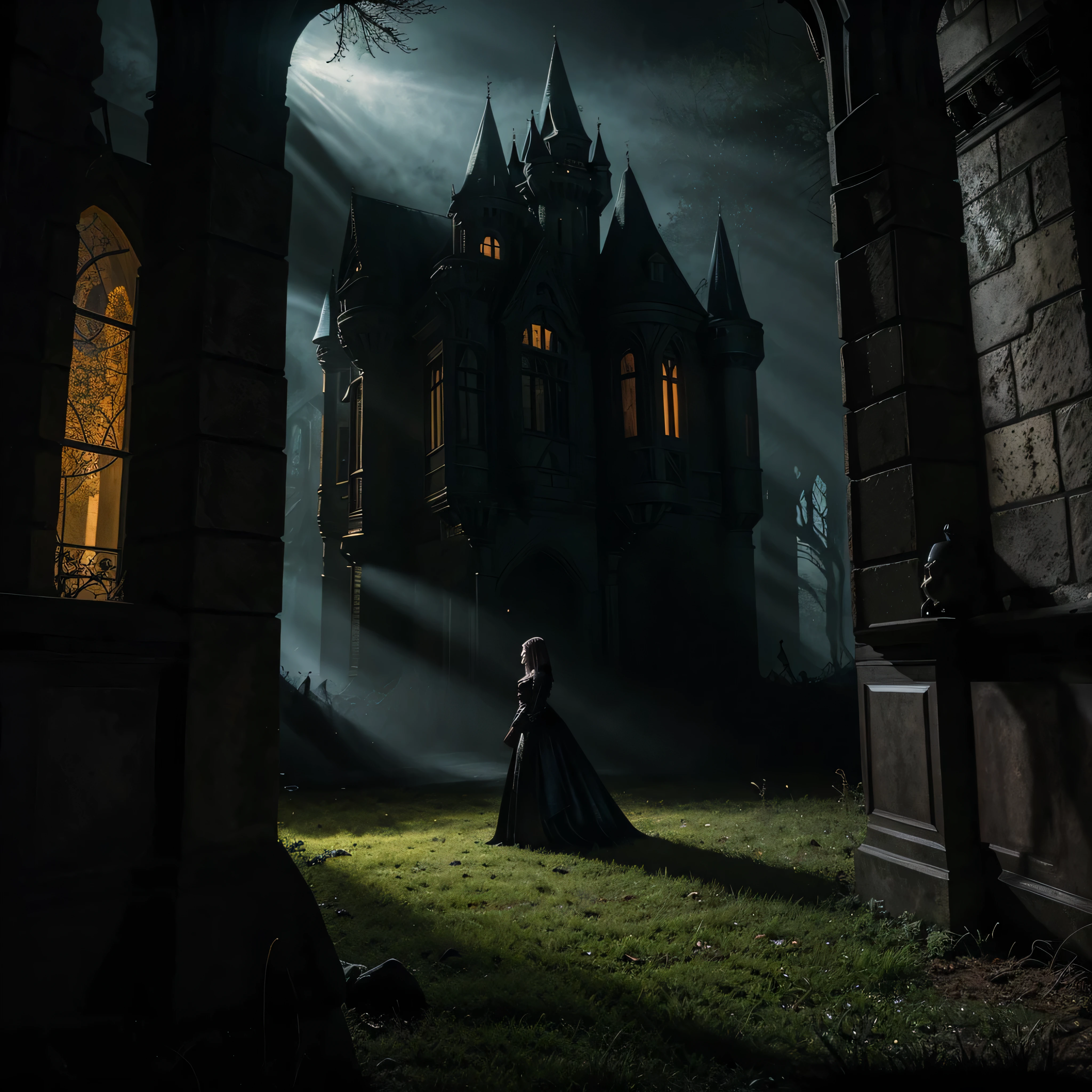 Transylvanian castle, an otherworldly presence, horror movie-inspired, supernatural beings lurking in the shadows, a sense of the paranormal, an unsettling tranquility, a moment frozen in time, darkness and light intertwining, a haunted tale waiting to unfold.