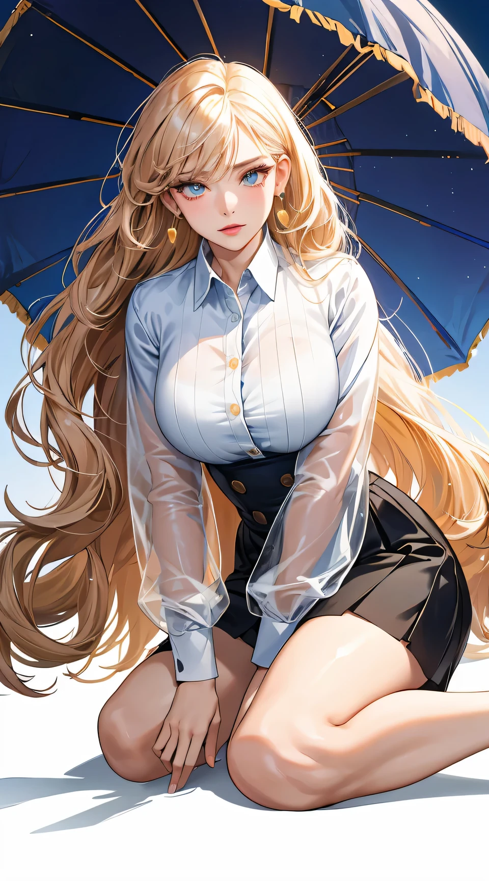 (best quality:1.5, highres, UHD, 4K, detailed lighting, shaders), hair, gradient hair, large breasts, transparent suit, transparent shirt, transparent social shirt, short skirt, mature woman , (pov), white background, colorful eyeshadow, dramatic lighting, sparkling eyepression, golden earrings, flowing hair, delicate facial features, dark skin, high cheekbones, raining, setting,sitting, white background, dont look for the camera, full body.