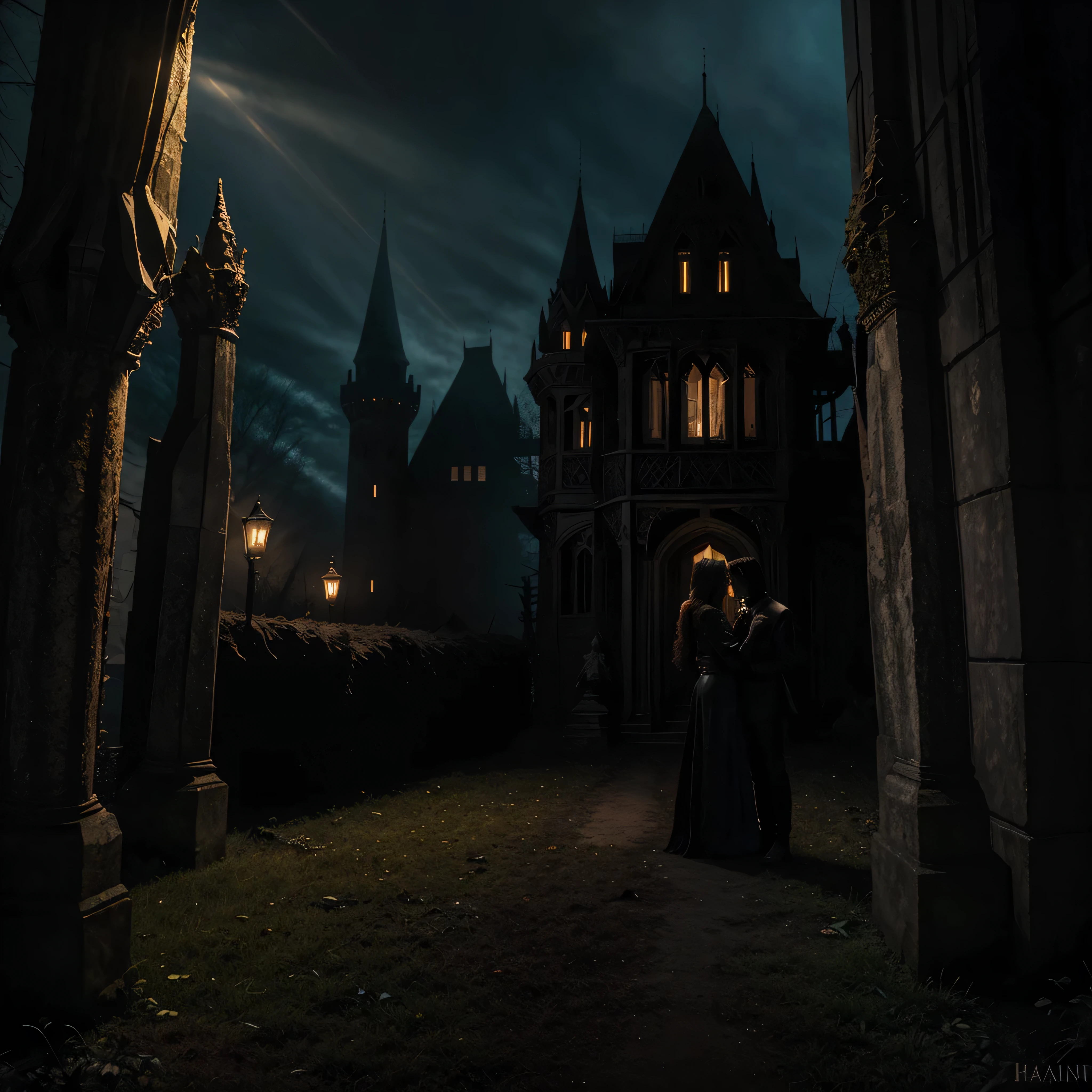 Transylvanian castle, an otherworldly presence, horror movie-inspired, supernatural beings lurking in the shadows, a sense of the paranormal, an unsettling tranquility, a moment frozen in time, darkness and light intertwining, a haunted tale waiting to unfold.