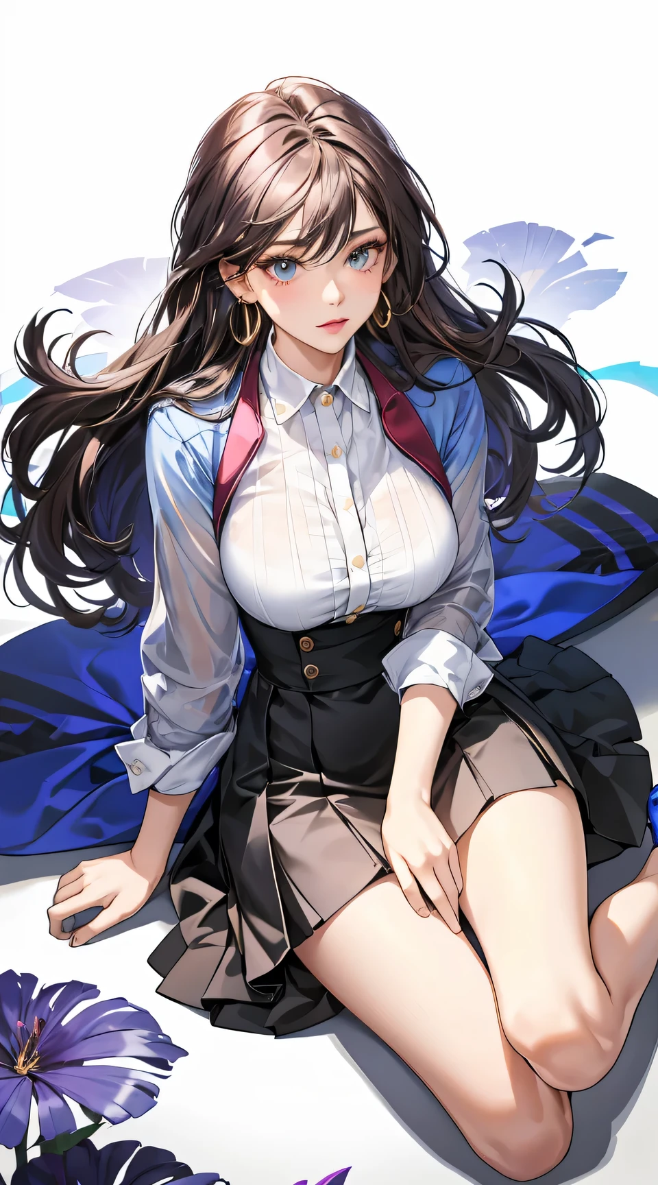 (best quality:1.5, highres, UHD, 4K, detailed lighting, shaders), hair, gradient hair, large breasts, transparent suit, transparent shirt, transparent social shirt, short skirt, mature woman , (pov), white background, colorful eyeshadow, dramatic lighting, sparkling eyepression, golden earrings, flowing hair, delicate facial features, dark skin, high cheekbones, raining, setting,sitting, white background, dont look for the camera, full body.