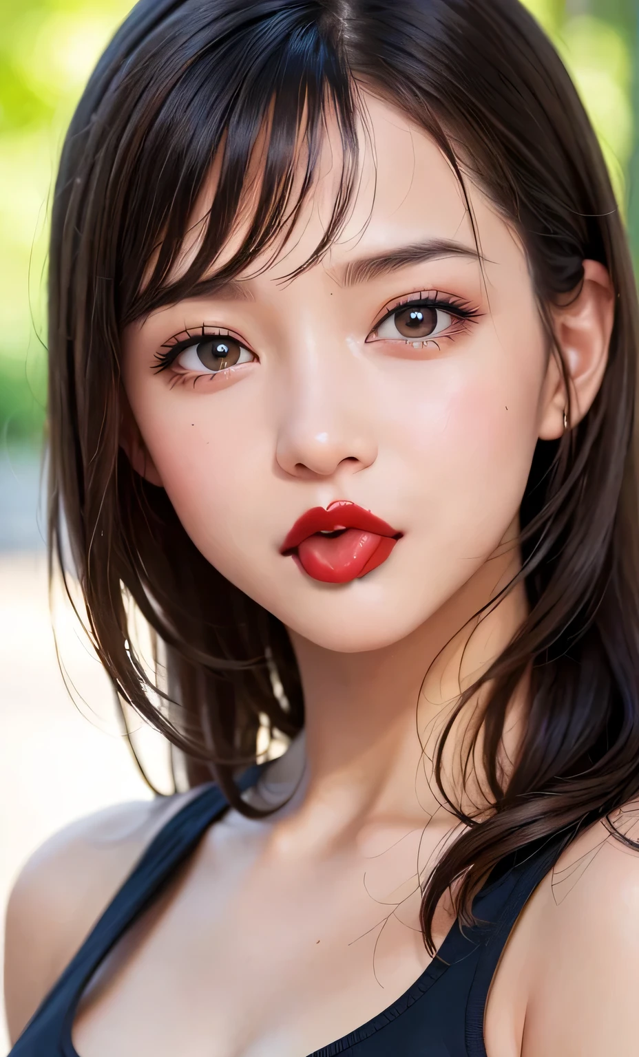 Sticking out pink wet tongue、Glossy red lip gloss