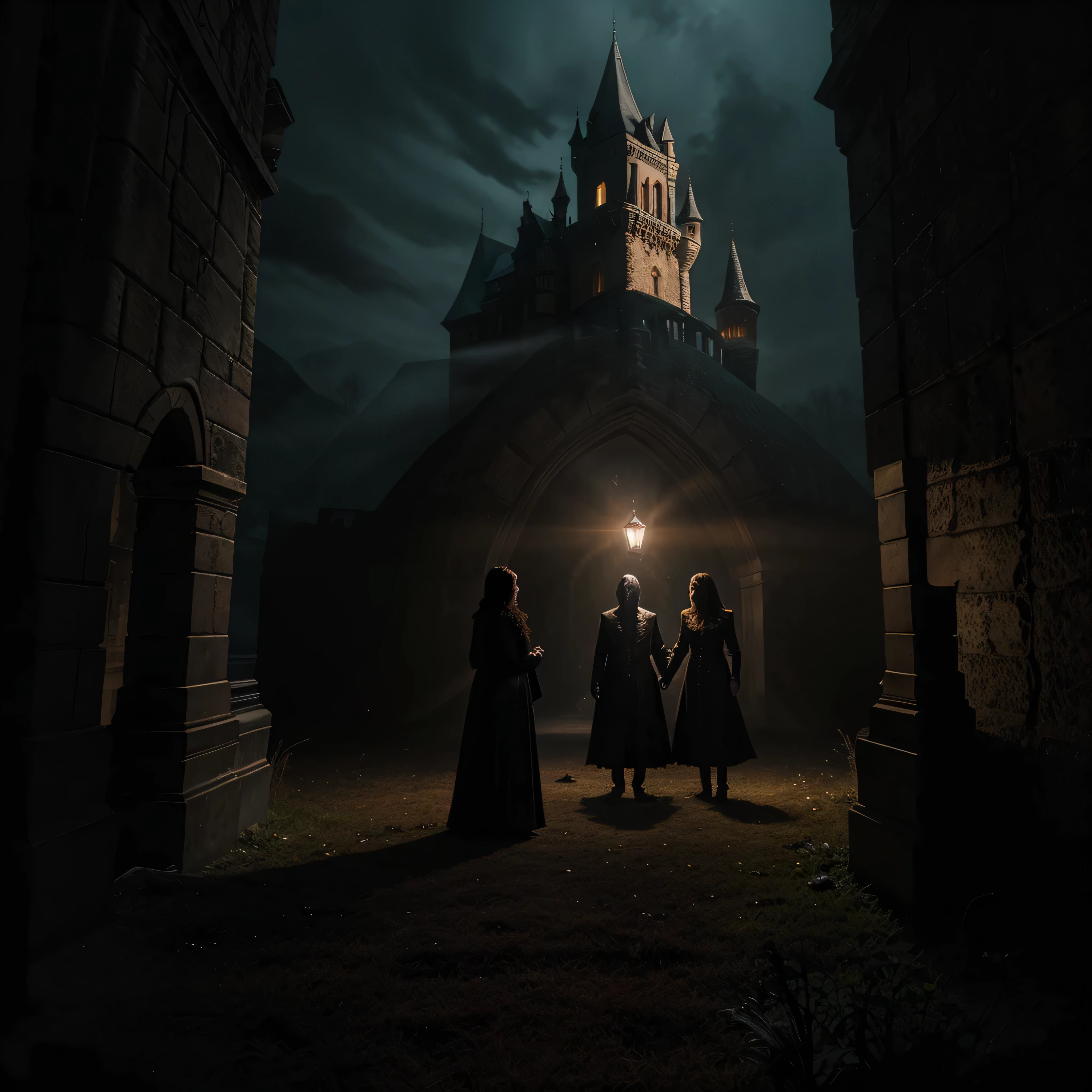 Transylvanian castle, an otherworldly presence, horror movie-inspired, supernatural beings lurking in the shadows, a sense of the paranormal, an unsettling tranquility, a moment frozen in time, darkness and light intertwining, a haunted tale waiting to unfold.