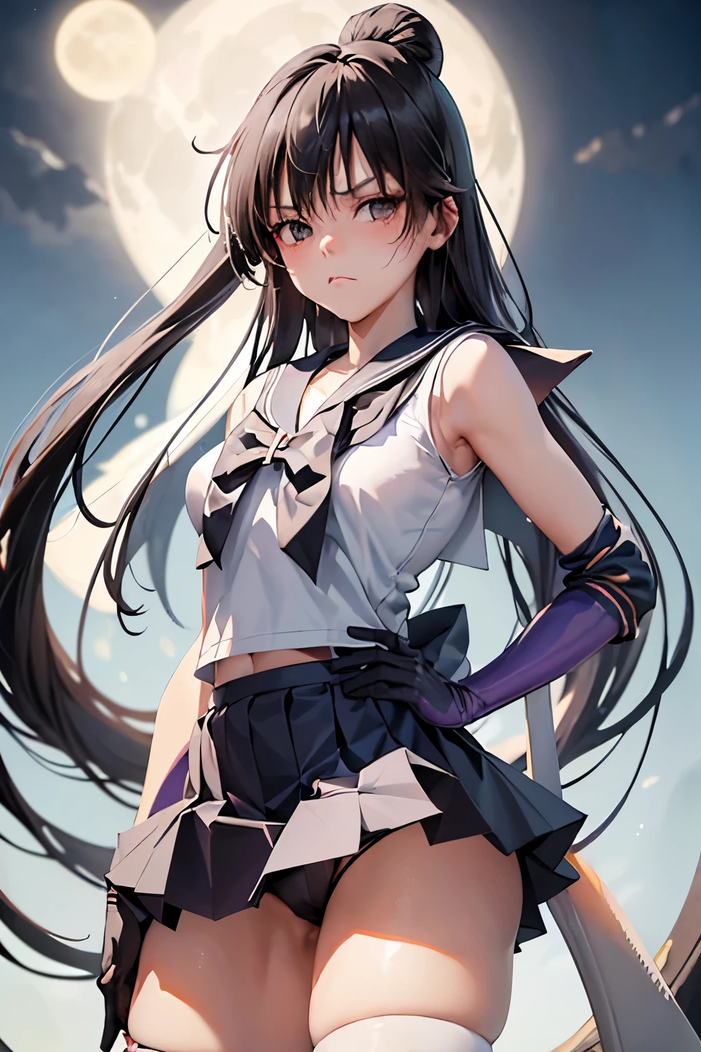 muste piece, best quality, 1 girl,black hair, (black eye:1.2),((full moon))、(((Panty stocking)))、((embarrassed expression))、((Furukawa Yui))、((Photo from below))、(((sailor warrior)))、((long hair))、((mini skirt))、((long gloves))、