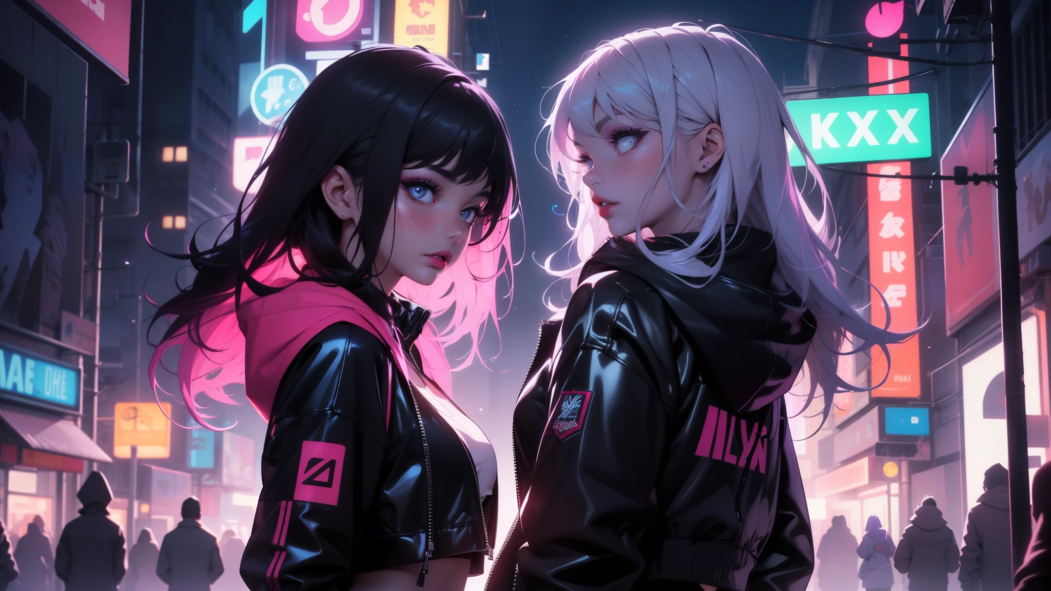 ((1 girl)), A girl, long hair, city, future, science fiction, pink latex crop top, latex shorts, night scene, black hoodie jacket, midnight, blue light, neon, night, delicate features, beautiful girl, beauty, charming,fashi-girl,red lips,realistic,makeup, 3/4 body view, neon lights,