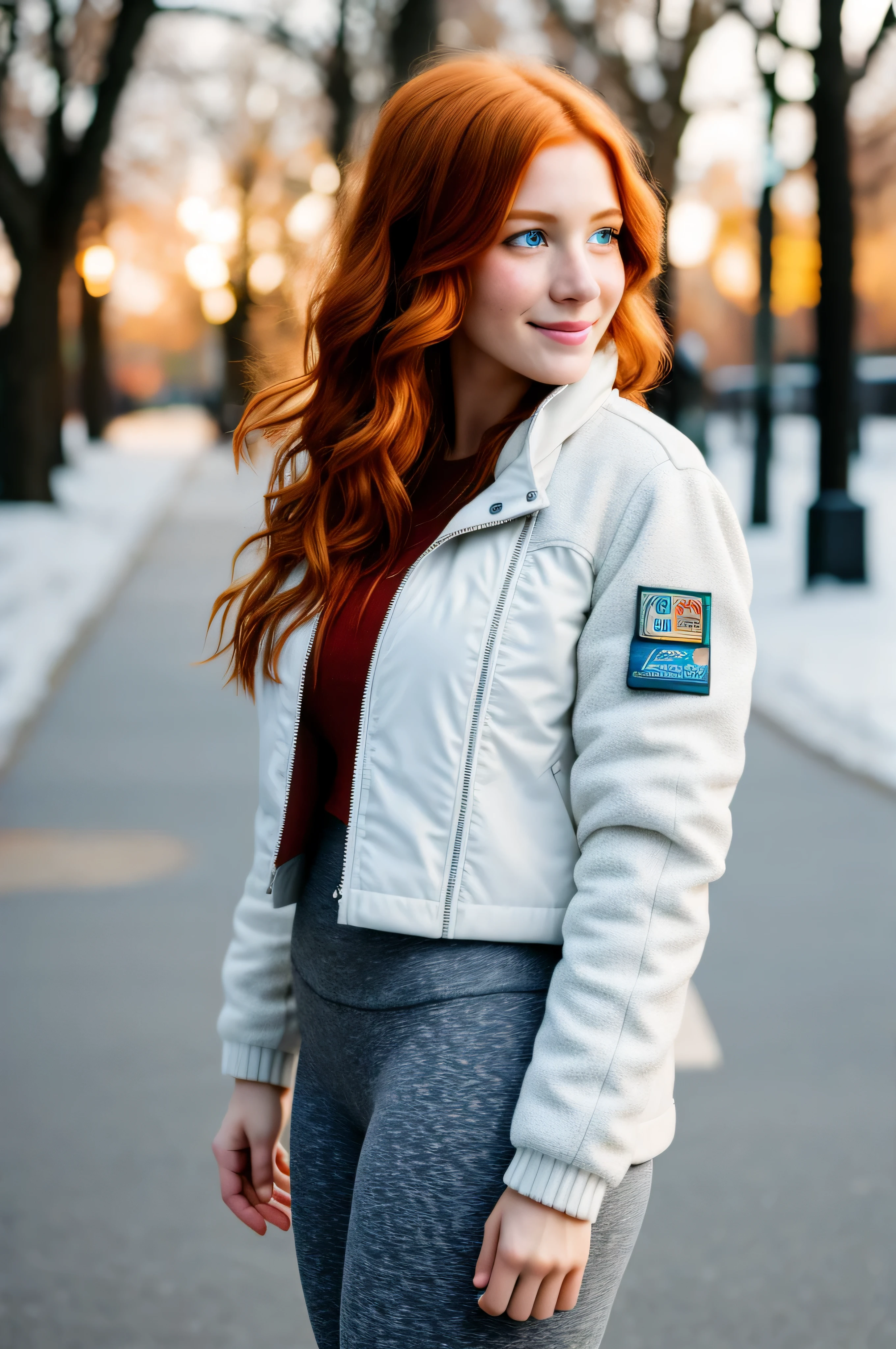 1girl in, age19, Solo, Aesthetic artwork, irish redhead, wavy ginger hair, shoulder length ginger hair, gray eyes, light grey eyes, some small freckles, pale skin, d-cup, midium breasts, runners body, (textured skin, skin pores:1.1), (moles:0.8), imperfect skin, goosebumps, outside in city park, stone path, snow, late fall weather, (extremely detailed 8k wallpaper), soft lighting, high quality, film grain, Fujifilm XT3 sharp focus, f 5.6, 50mm, High Detail, Sharp focus,(natural light), (white jacket: 1.3), sweater, leggings, crazy details, complex details, hyper detailed,walk around ,shy smile