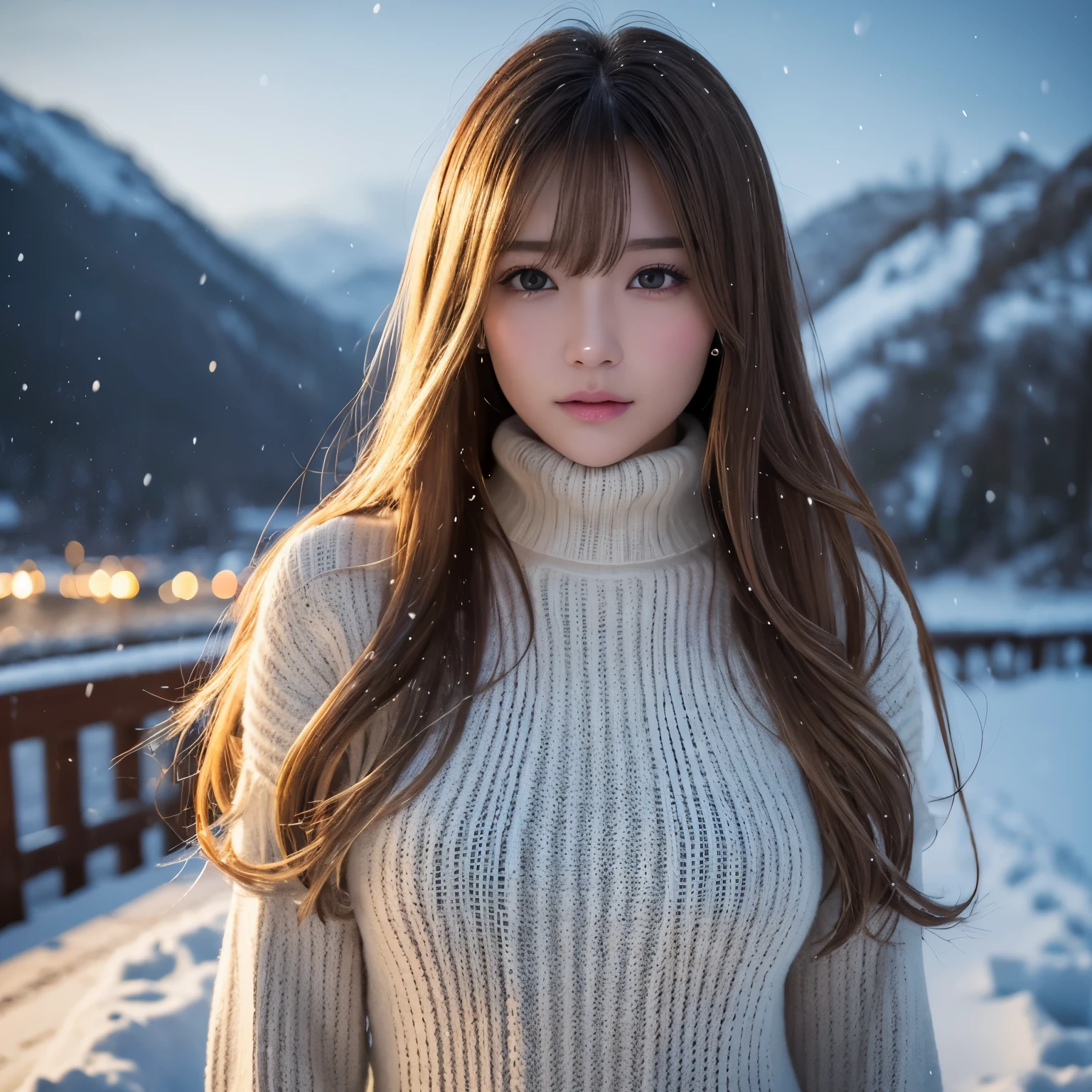 (table top、highest quality、8k、Award-winning work、ultra high resolution)、one beautiful woman、(Turtleneck long knit sweater dress:1.1)、perfect fit、brown hair、blonde、Very long wavy hair、epic movie lighting、romantic love mood、Romantic and moody atmosphere、winter、snow scene、It&#39;s snowing、Norwegian city covered in snow、look at me、(Huge breasts that look like they&#39;ll burst:1.1)、(Most emphasize the body line:1.1)、very long hair、blurred background、accurate anatomy、ultra high definition hair、ultra high resolutionの完璧な美しい歯、Ultra high definition beauty face、ultra high definition hair、Super high-definition sparkling eyes、輝くultra high resolutionの美肌、ultra high resolutionの艶やかな唇