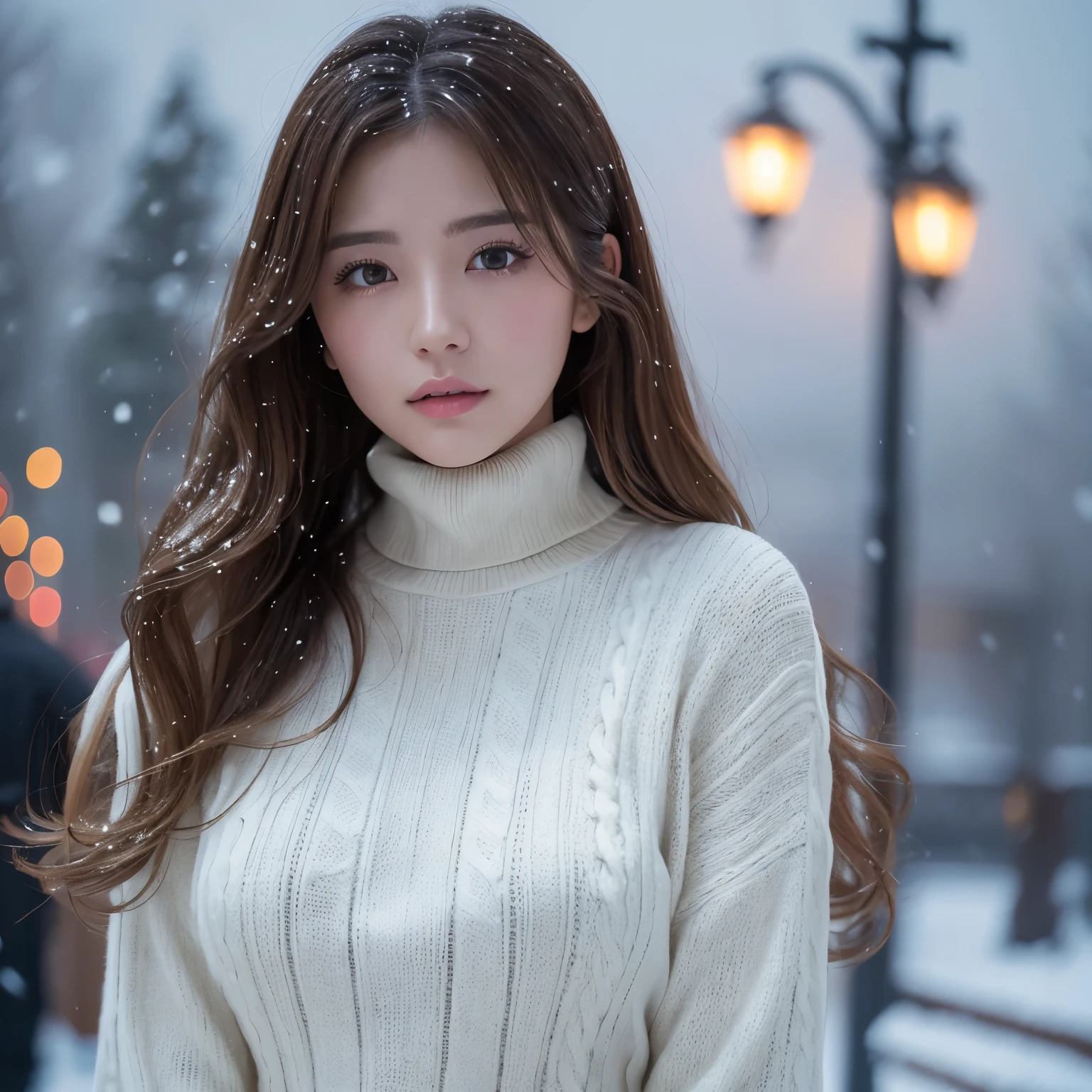 (table top、highest quality、8k、Award-winning work、ultra high resolution)、one beautiful woman、(Turtleneck long knit sweater dress:1.1)、perfect fit、brown hair、blonde、Very long wavy hair、epic movie lighting、(romantic love mood:1.1)、(The most romantic and moody atmosphere:1.1)、winter、snow scene、It's snowing、Norwegian city covered in snow、look at me、(Huge breasts that look like they'll burst:1.1)、(Most emphasize the body line:1.1)、very long hair、blurred background、accurate anatomy、ultra high definition hair、ultra high resolutionの完璧な美しい歯、Ultra high definition beauty face、ultra high definition hair、Super high-definition sparkling eyes、輝くultra high resolutionの美肌、ultra high resolutionの艶やかな唇、close up of face