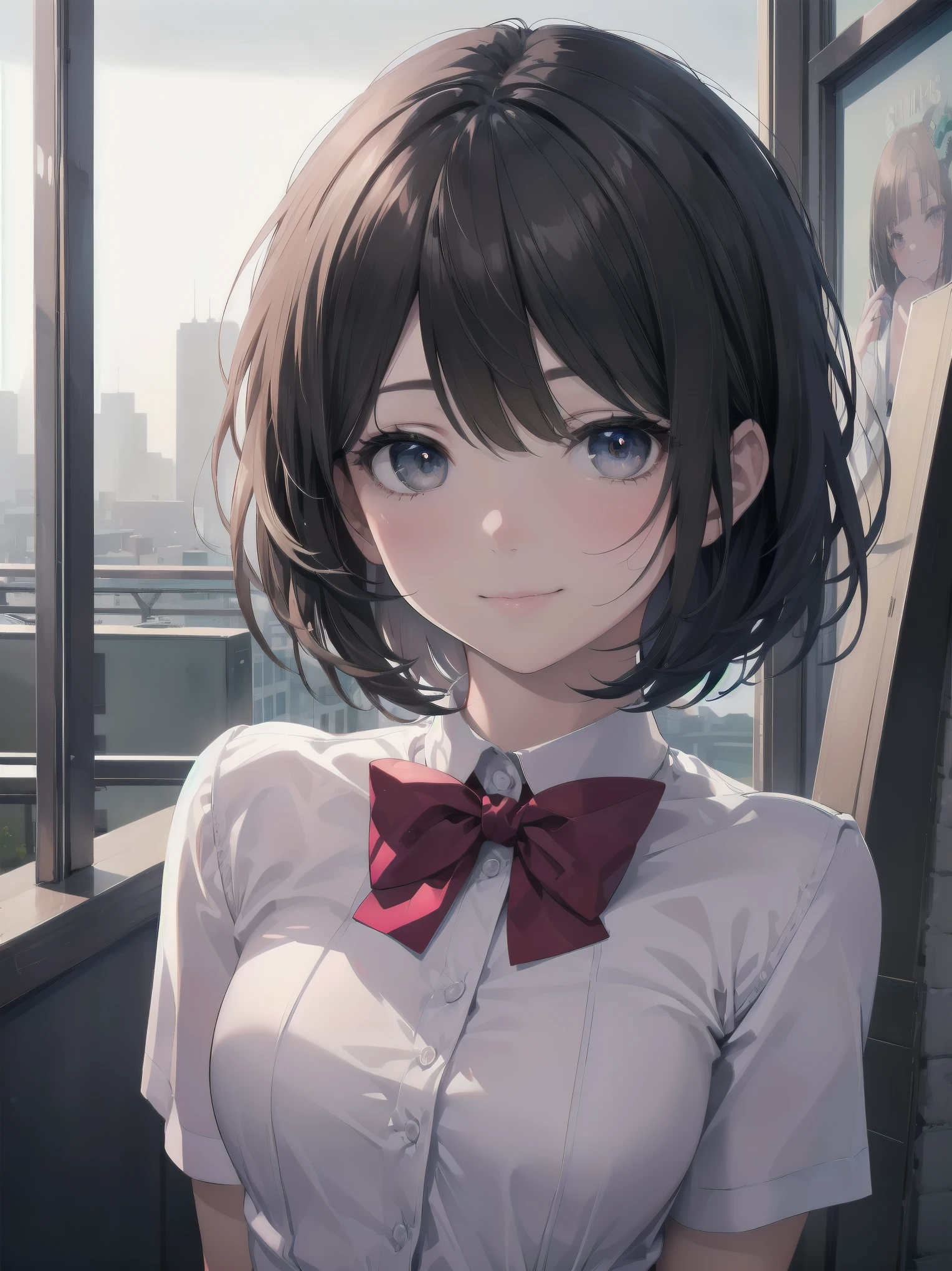 (RAW photo, 最high quality), (realistic, photo-realistic:1.2), close-up portrait photography, 1 girl, Rooftop café in a shopping mall, outdoors, smile, (high definition skin:1.4), puffy eyes, gorgeous hair, brown black hair,　One-Length Bob Cut、drooping eyes、Realistic and complex eyes White opaque shirt with bow tie, bright red pleated skirt, soft lighting, high quality,