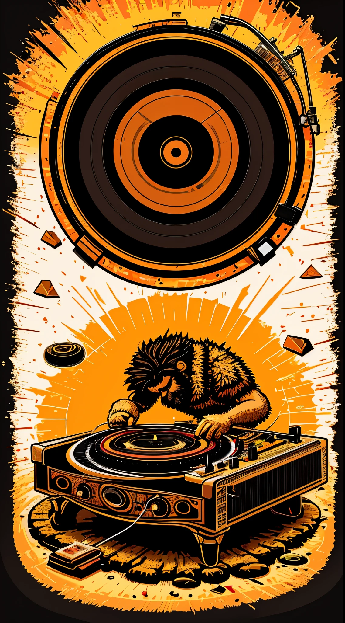 ultra-detailed,(realistic,vector:1.37),illustration caveman dj playing vinyl turntable, stand in front of vinyl console set ,ultra detailed illustration , grunge design , rustic art, bokeh, digital painting, soft lighting, stone age, rock art aesthetic, focused on the character,