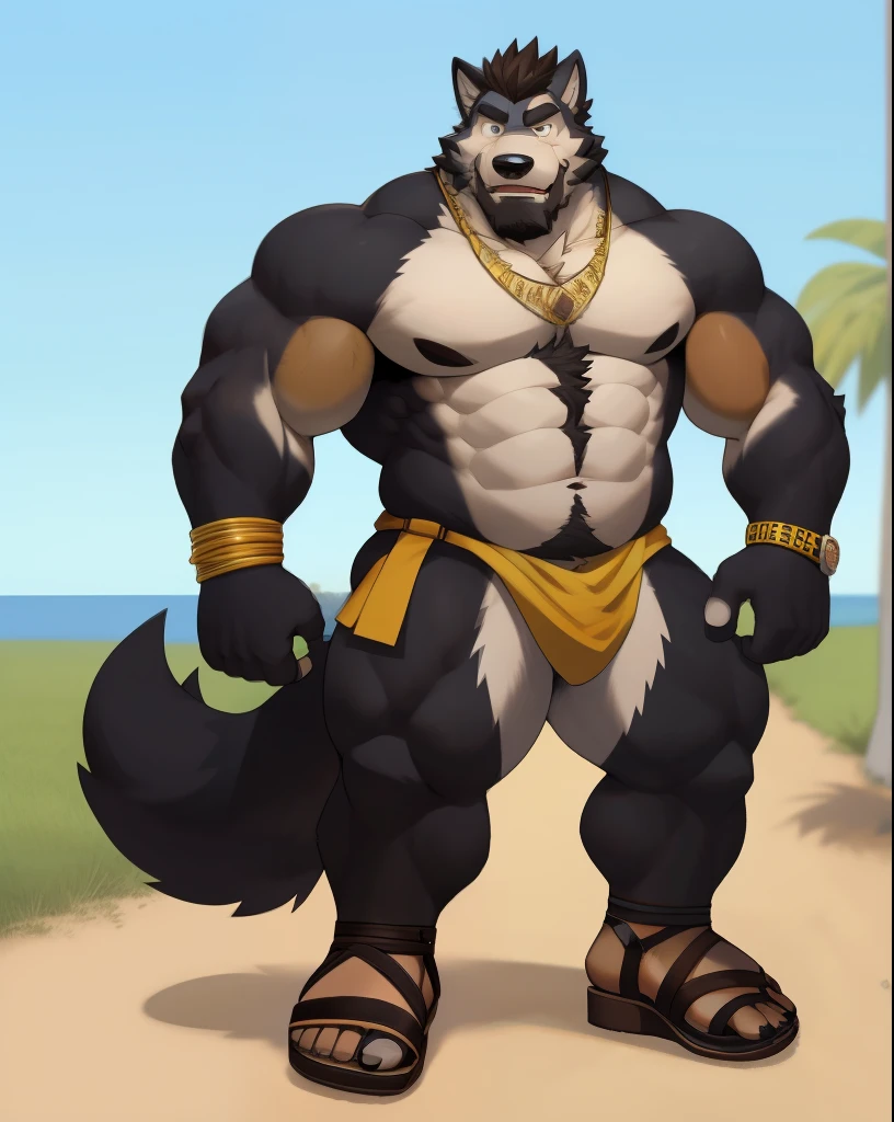 1boy, abs, bara, bare pectorals, bare shoulders, black hair, body hair, brown hair, chest hair, clothing cutout, cuffs, dark-skinned male, facial hair, handcuffs, jewelry, large pectorals, long sideburns, male focus, mature male, medium hair, muscular, muscular male, navel, pectorals, short hair, sideburns, solo, stomach, stubble, thick thighs, thigh cutout, thighs, tight, watch, ((wolf, full body, sandals))