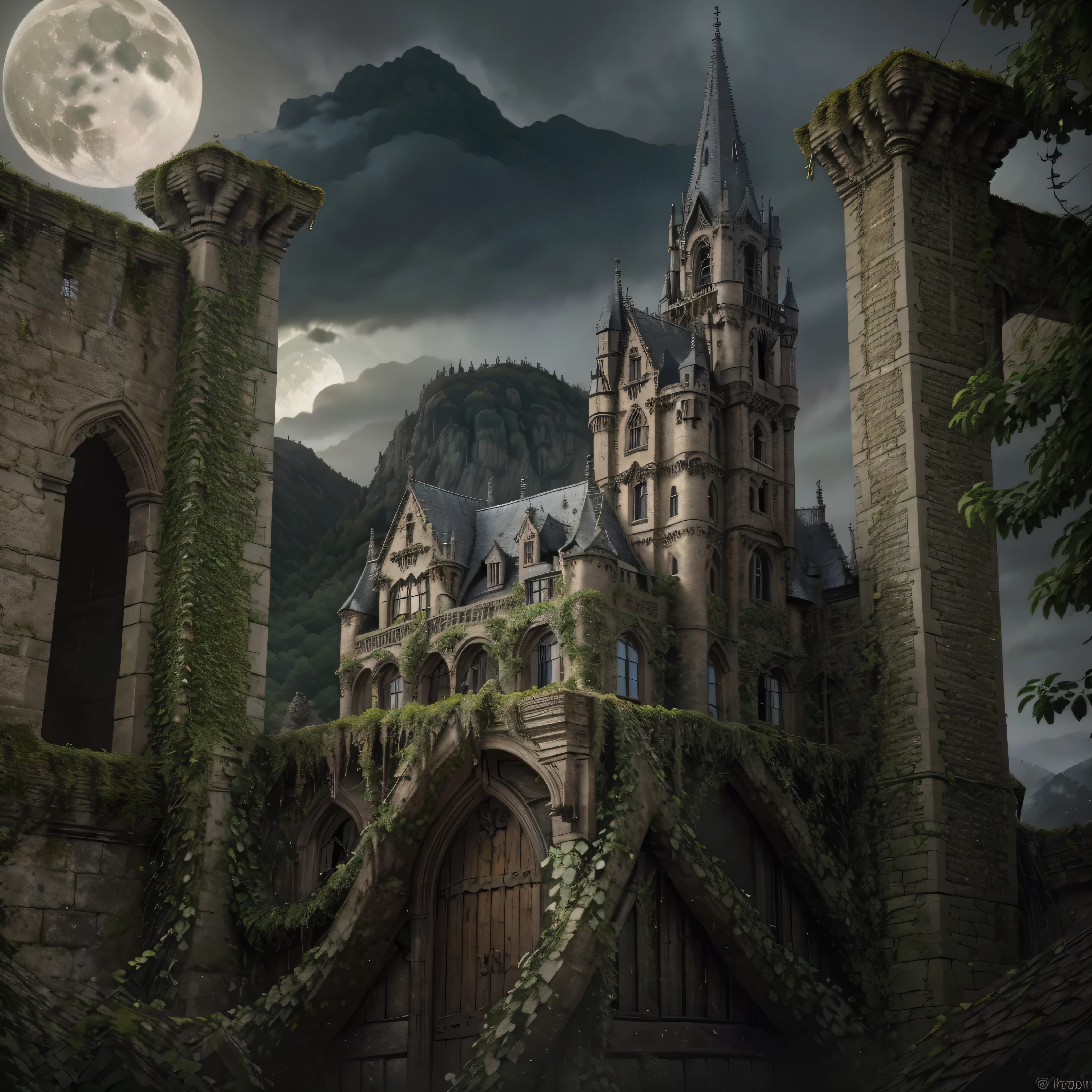 castle on top of a mountain, (best quality,4k,8k,highres,masterpiece:1.2),ultra-detailed,(realistic,photorealistic,photo-realistic:1.37),castle on top of a mountain at night, eerie scene, ghost, monsters, bats, dark clouds, full moon, foggy atmosphere, sinister shadows, gothic architecture, ancient ruins, moss-covered stones, crumbling walls, ivy-covered towers, menacing gargoyles, mysterious figures lurking