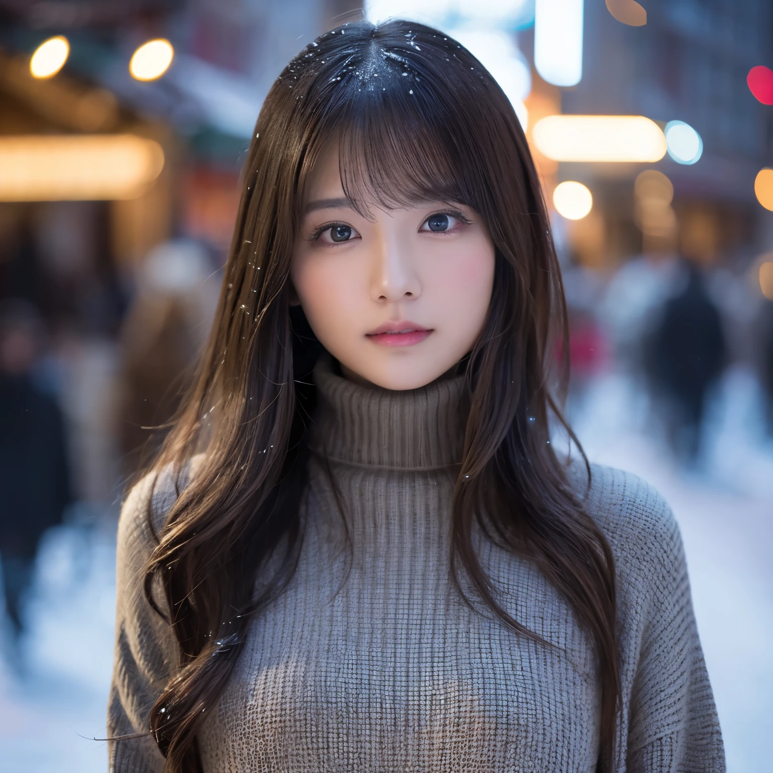 (table top、highest quality、8k、Award-winning work、ultra high resolution)、one beautiful woman、(Turtleneck long knit sweater dress:1.1)、perfect fit、brown hair、Very long wavy hair、epic movie lighting、(romantic love mood:1.1)、(The most romantic and moody atmosphere:1.1)、winter、snow scene、It's snowing、Norwegian city covered in snow、look at me、(Huge breasts that look like they'll burst:1.1)、(Most emphasize the body line:1.1)、very long hair、blurred background、accurate anatomy、ultra high definition hair、ultra high resolutionの完璧な美しい歯、Ultra high definition beauty face、ultra high definition hair、Super high-definition sparkling eyes、輝くultra high resolutionの美肌、ultra high resolutionの艶やかな唇、(close up of face:1.2)