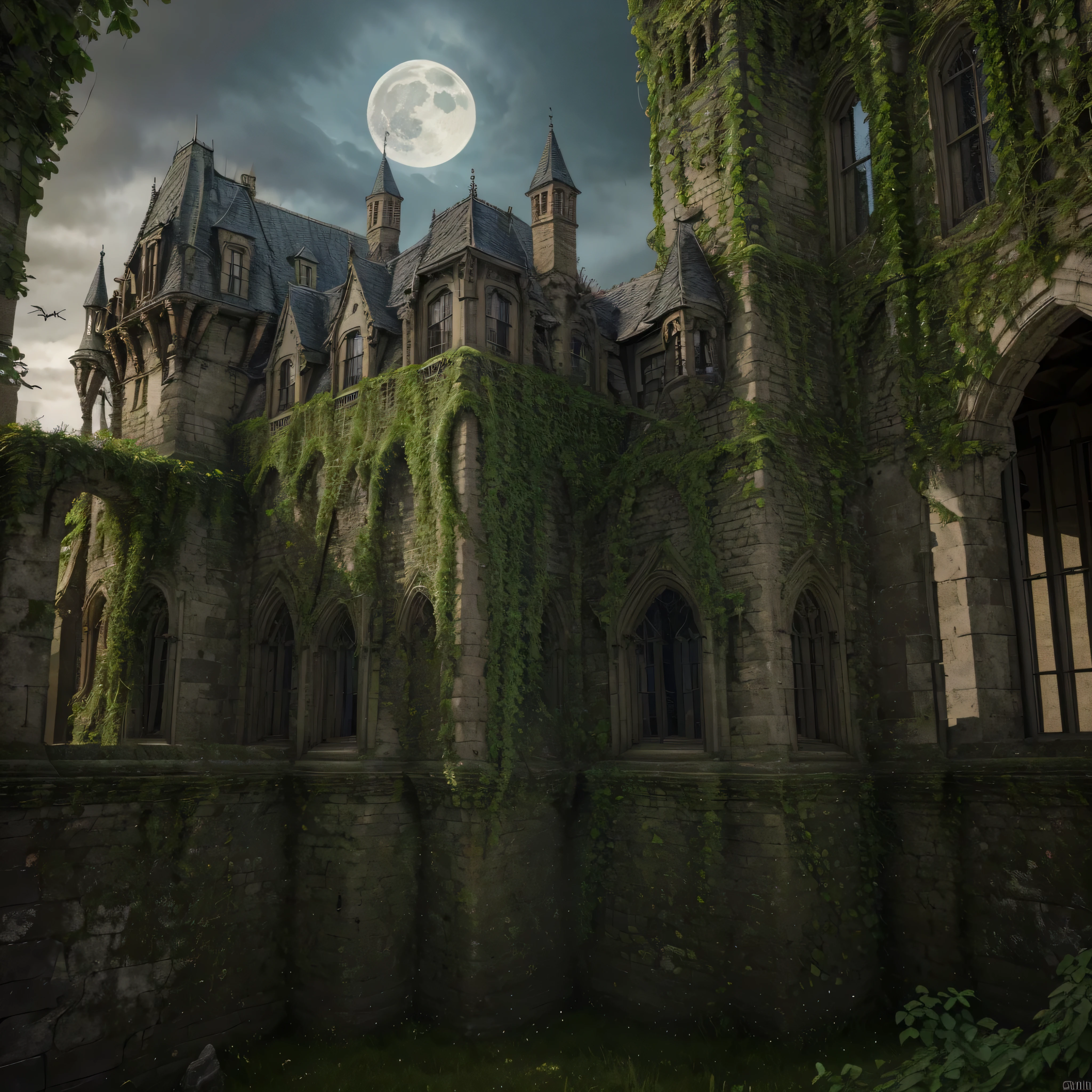 castle on top of a mountain, (best quality,4k,8k,highres,masterpiece:1.2),ultra-detailed,(realistic,photorealistic,photo-realistic:1.37),castle on top of a mountain at night, eerie scene, ghost, monsters, bats, dark clouds, full moon, foggy atmosphere, sinister shadows, gothic architecture, ancient ruins, moss-covered stones, crumbling walls, ivy-covered towers, menacing gargoyles, mysterious figures lurking