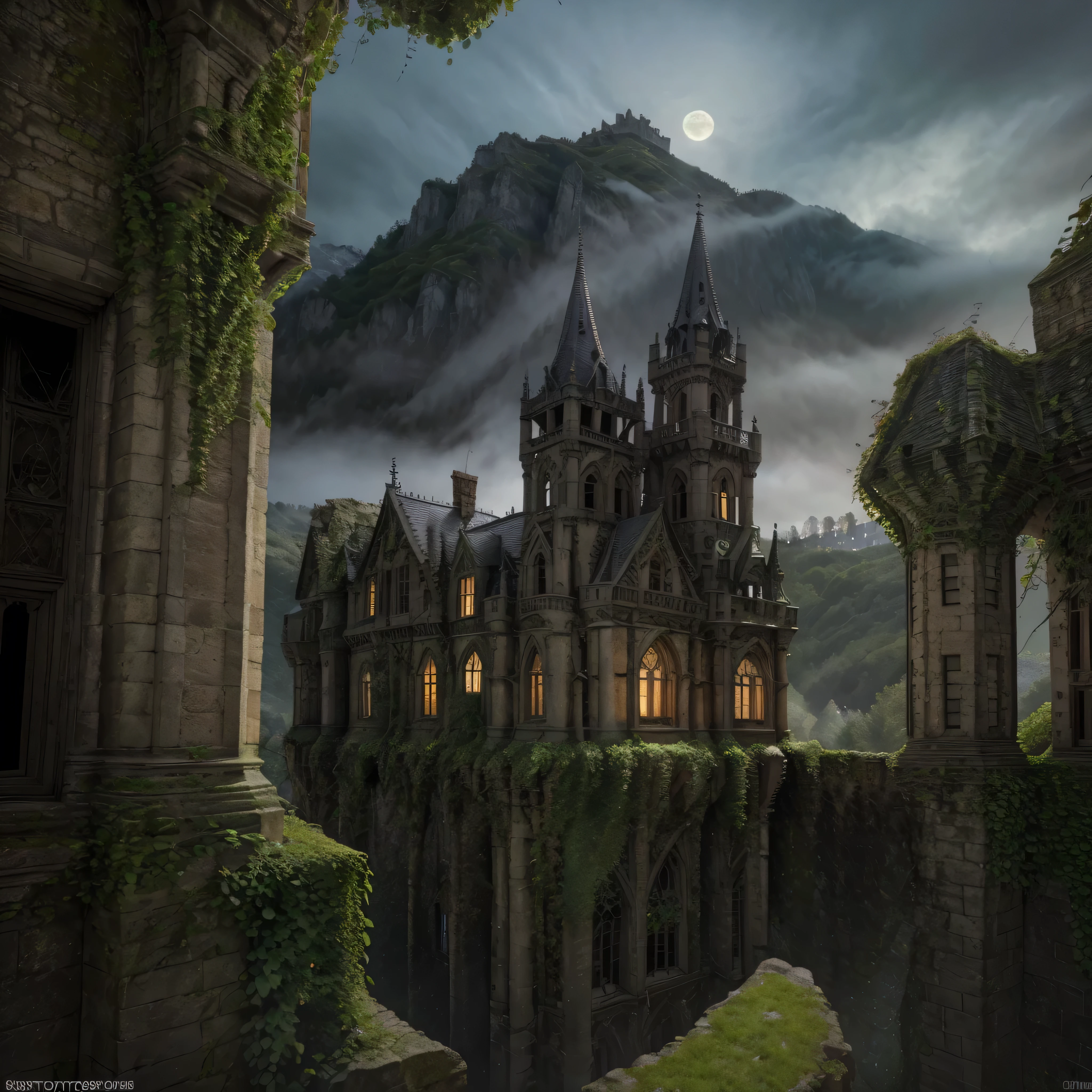 castle on top of a mountain, (best quality,4k,8k,highres,masterpiece:1.2),ultra-detailed,(realistic,photorealistic,photo-realistic:1.37),castle on top of a mountain at night, eerie scene, ghost, monsters, bats, dark clouds, full moon, foggy atmosphere, sinister shadows, gothic architecture, ancient ruins, moss-covered stones, crumbling walls, ivy-covered towers, menacing gargoyles, mysterious figures lurking