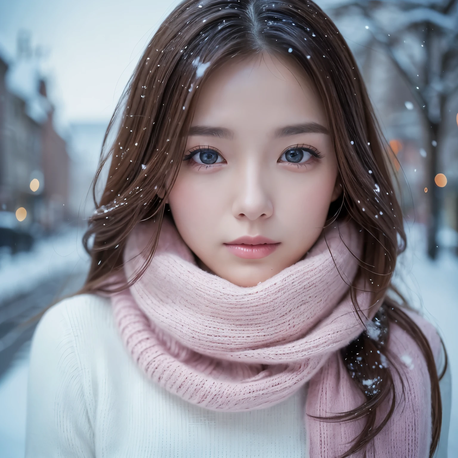 (table top、highest quality、8k、Award-winning work、ultra high resolution)、one beautiful woman、(Turtleneck long knit sweater dress:1.1)、perfect fit、brown hair、blonde、(The most natural and accurate pink long scarf:1.2)、Very long wavy hair、epic movie lighting、(romantic love mood:1.1)、(The most romantic and moody atmosphere:1.1)、winter、snow scene、It's snowing、Norwegian city covered in snow、look at me、(Huge breasts that look like they'll burst:1.1)、(Most emphasize the body line:1.1)、very long hair、blurred background、accurate anatomy、ultra high definition hair、ultra high resolutionの完璧な美しい歯、Ultra high definition beauty face、ultra high definition hair、Super high-definition sparkling eyes、輝くultra high resolutionの美肌、ultra high resolutionの艶やかな唇、(close up of face:1.3)