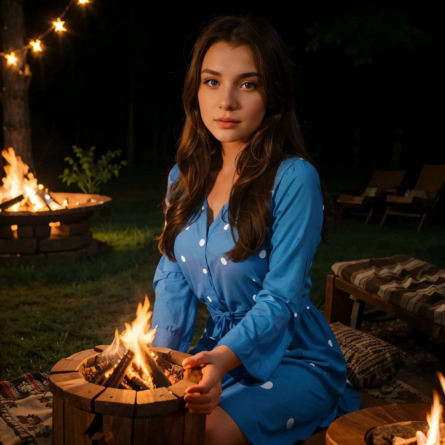 Albanian, girl, brown hair, blue eyes, Brunette, Polka dot blue dress, Campfire ambiance, Evening setting, Outdoor gathering, Cozy atmosphere, Firelight glow, Nighttime warmth, Woodsy scene, Relaxed demeanor