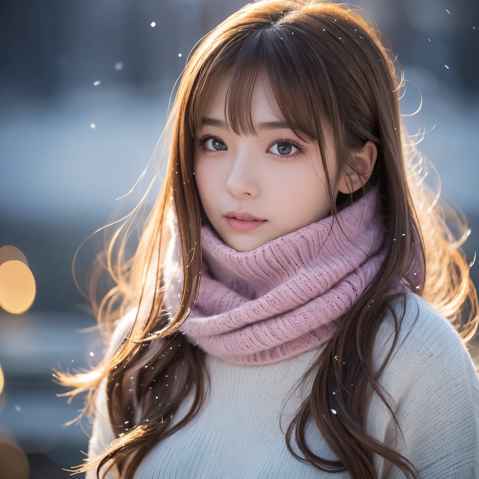 (table top、highest quality、8k、Award-winning work、ultra high resolution)、one beautiful woman、(Turtleneck long knit sweater dress:1.1)、perfect fit、brown hair、blonde、(The most natural and accurate pink long scarf:1.2)、Very long wavy hair、epic movie lighting、(romantic love mood:1.1)、(The most romantic and moody atmosphere:1.1)、winter、snow scene、It&#39;s snowing、Norwegian city covered in snow、look at me、(Huge breasts that look like they&#39;ll burst:1.1)、(Most emphasize the body line:1.1)、very long hair、blurred background、accurate anatomy、ultra high definition hair、ultra high resolutionの完璧な美しい歯、Ultra high definition beauty face、ultra high definition hair、Super high-definition sparkling eyes、輝くultra high resolutionの美肌、ultra high resolutionの艶やかな唇、(close up of face:1.3)、(expression of sexual pleasure:1.2)