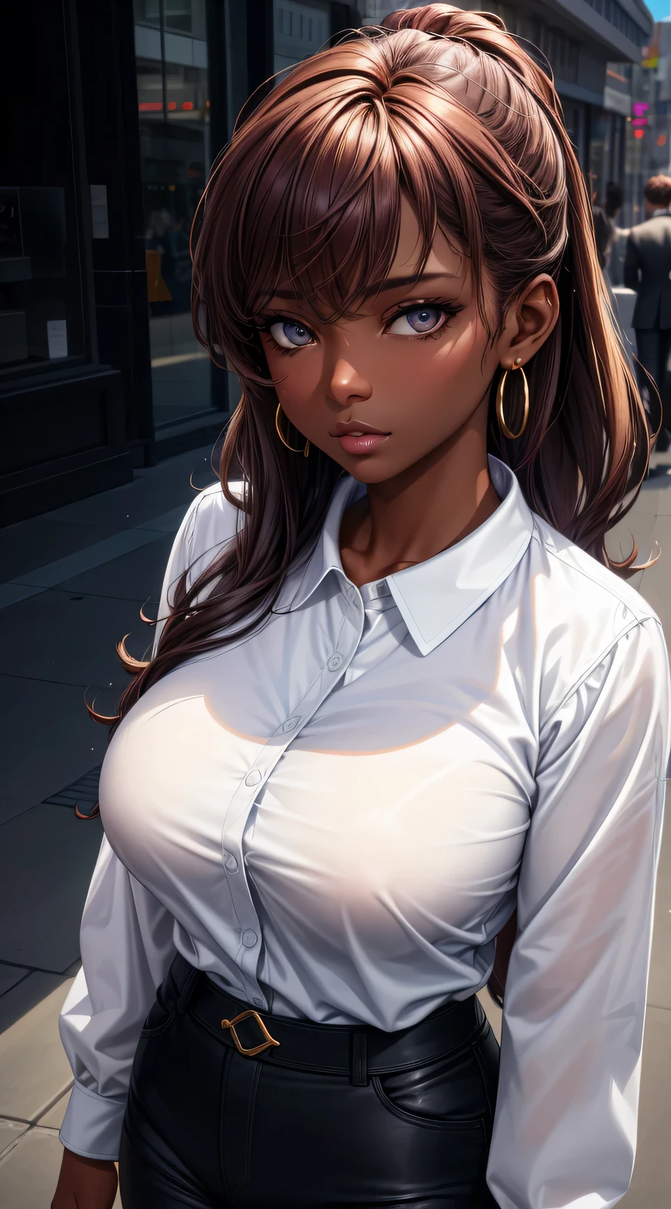 (best quality:1.5, highres, UHD, 4K, detailed lighting, shaders), brown floral haired, gradient hair, blwck eyes, large breasts, suit, gray shirt, social shirt, short pants, mature woman , (pov), white background, colorful eyeshadow, dramatic lighting, sparkling eyes, sensual expression, golden earrings, flowing hair, delicate facial features, dark skin, high cheekbones, urban setting, white background, dont look for the camera, lean forward, ( pose : behind  the camera)