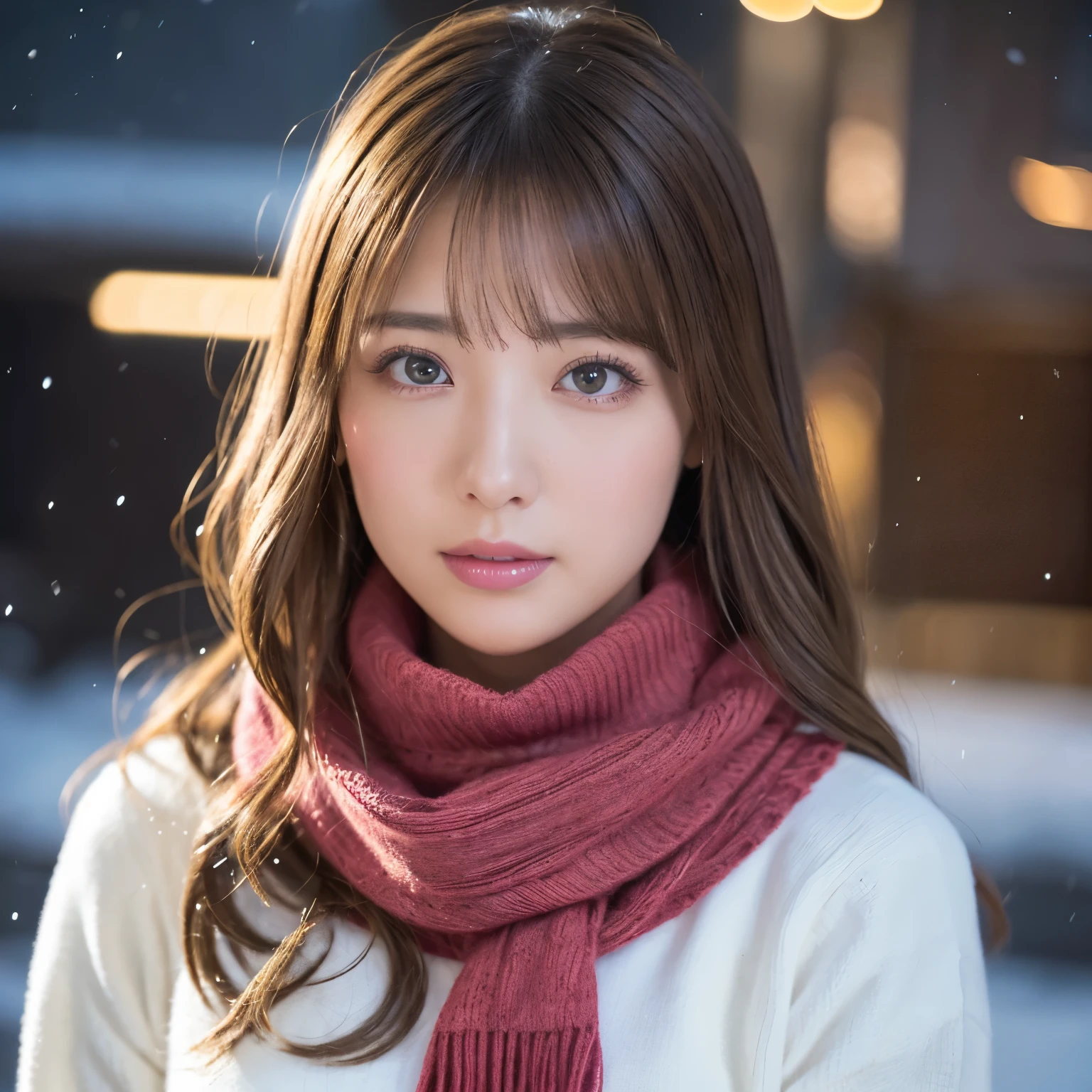 (table top、highest quality、8k、Award-winning work、ultra high resolution)、one beautiful woman、(Red Turtleneck Long Knit Sweater Dress:1.1)、perfect fit、brown hair、blonde、(The most natural and accurate pink long scarf:1.2)、Very long wavy hair、epic movie lighting、(romantic love mood:1.1)、(The most romantic and moody atmosphere:1.1)、winter、snow scene、It&#39;s snowing、Norwegian city covered in snow、look at me、(Huge breasts that look like they&#39;ll burst:1.1)、(Most emphasize the body line:1.1)、very long hair、blurred background、accurate anatomy、ultra high definition hair、ultra high resolutionの完璧な美しい歯、Ultra high definition beauty face、ultra high definition hair、Super high-definition sparkling eyes、輝くultra high resolutionの美肌、ultra high resolutionの艶やかな唇、(close up of face:1.3)