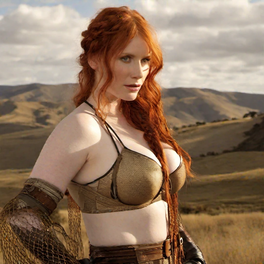 (masterpiece, best quality:1.2), 1girl, solo, Thicc, redhead, irish, vouptious, curvy, bdsm, pale skin Bryce Dallas Howard standing, long braided hair, young body, fishnets
