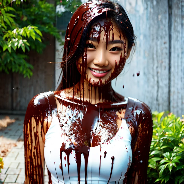 Portrait Photograph, beautiful 21yo asian woman, she is covered in dripping chocolate pudding, skin texture visible, highest quality, wearing white dress, bokeh background, guro, Nikon P1000 camera, 135mm, f 2.8, desi, photorealistic, extreme realism, guro