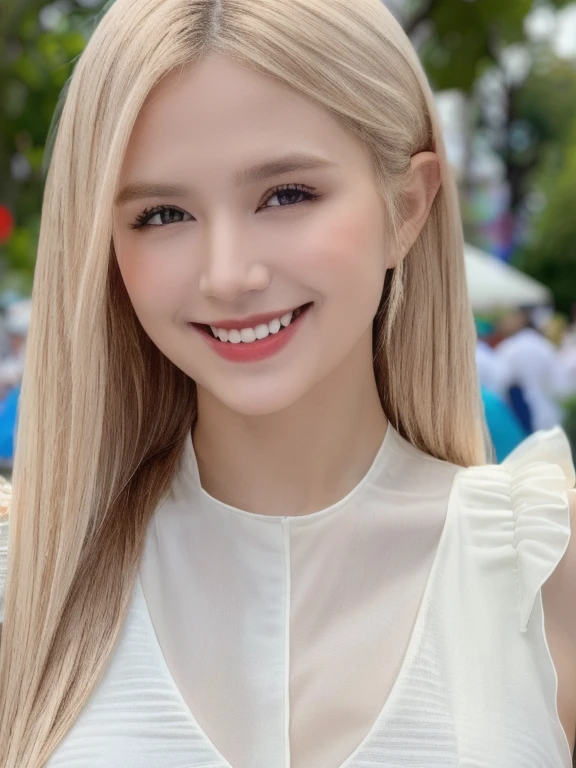 (realistic、masterpiece、Best Quality、8K、highres、high resolution:1.3)、1 girl、smile、Gigantic breasts、white bikini、looking at viewers、super fine face and eyes、long hair、 upper body、
