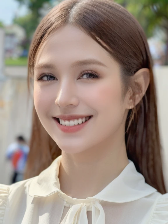 (realistic、masterpiece、Best Quality、8K、highres、high resolution:1.3)、1 girl、smile、Gigantic breasts、white bikini、looking at viewers、super fine face and eyes、long hair、 upper body、