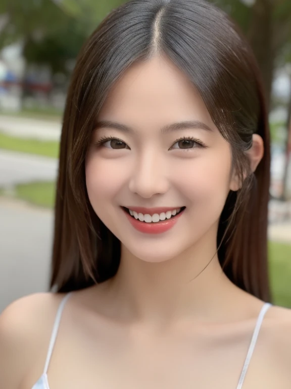 (realistic、masterpiece、Best Quality、8K、highres、high resolution:1.3)、1 girl、Huge breasts、smile、white bikini、looking at viewers、super fine face and eyes、long hair、 upper body、