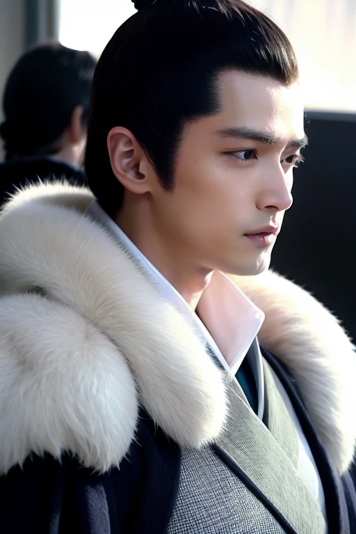 meichangsu,1boy，hair bun,fur,cape,upper body,male focus,baiseyifu,