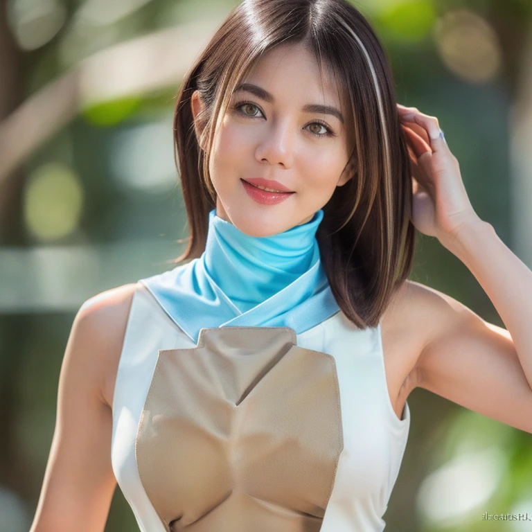 (8K, high resolution, Best Quality, masutepiece:1.2)、((full body)), RAW portrait of japanese girl、超A high resolution, top-quality, (huge-breasted,:1.8), {Hide all breasts:1.2}, {Off-white shorts:1.5}. (Wearing a blue sleeveless turtleneck:1.5), (hands to hips:1.6), (In the street:1.2), BREAK (Natural Skin Texture, Detailed skin, Hyper-Realism, ultra sharpness), intricate detailes, depth of fields, Sexy woman, Long black hair straight, Toned buttocks, ((masterpiece, top-quality, high-detail)), (Photorealsitic:1.4), solo, closes mouth, Smile happily, big eye, Distinct double eyelids, Lashes, long neck, Absolute area, Clean collarbone, face perfect, thin lips, a small face, (gazing at viewer, Highlights in the eyes, Light brown eyes, lipglosrom the side:1.5), {From head to foot, showing your whole body:1.7}, a smile