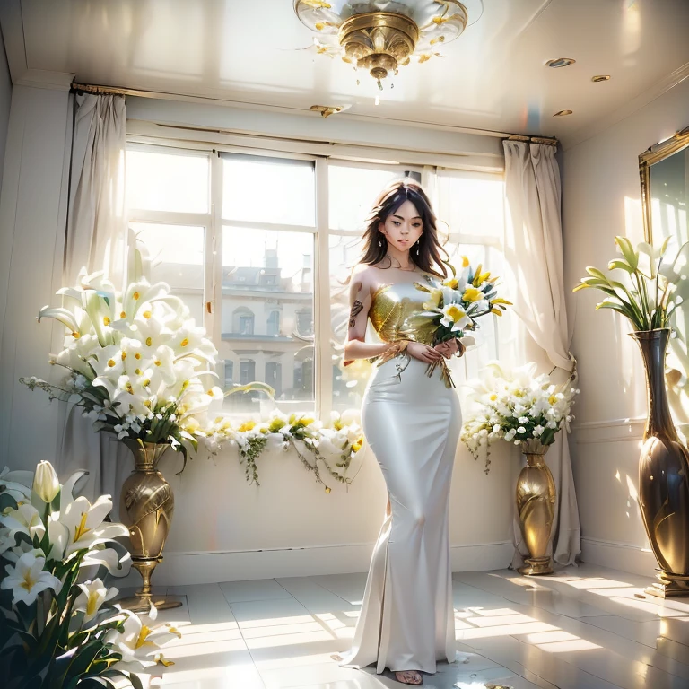 ((masterpiece, Best quality:1.3), (Ultra Detail:1.3), (1 girl, solo, against a backdrop of stunning flowers, lilies, sunlight, summer, greenery, gold, light, reflexes, tracing.), ( dark hair, shoulder length, long hair), (elegant body, beautiful hands in jewelry bracelets, tattoos), (Rockstar)). ((calm look, relaxed pose, holding a lily flower in his hand.) (standing). (Spacious interior, modern studio, high ceilings, wide windows, modern, classic, modern interior, art deco, studio room, many colors - lilies, high ceilings)). Best quality, (surrealism: 1.3)). (real flowers decorate the interior in simple glass vases on the floor), (the flowers look amazing). ((masterpiece: 1.2), (realism: 1.2), (Best quality), (special attention to character portrait, colors, room elements: 1.3)). (open window, exquisite design, mostly in light colors: white, blue, yellow, gold). (High light ceiling).((realistic 3D visualization, Super detail, ray tracing, flooded sunlight, contrasting shadows - cool tones, warm soft light)). modern style (modern), (high-tech), (SURREALISM: 1.3),