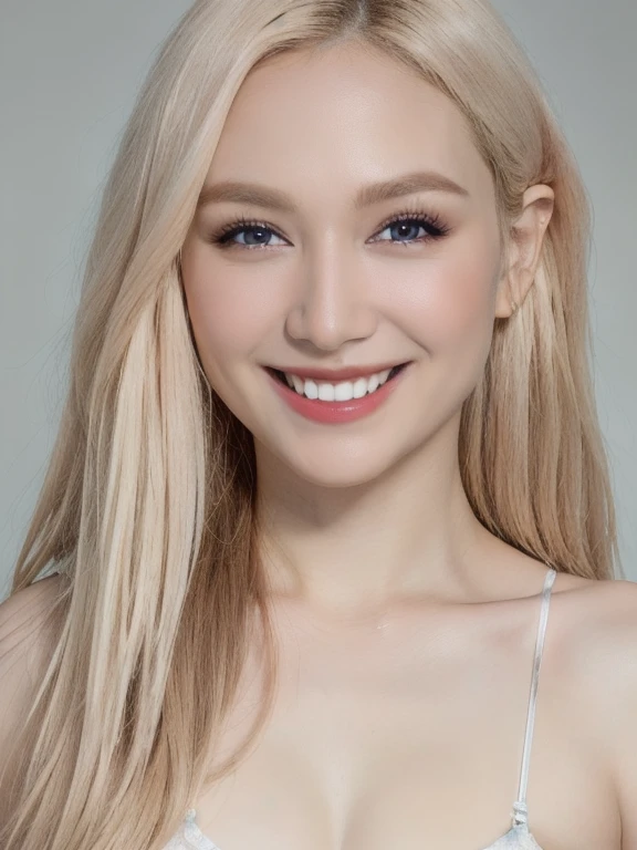 （（European Caucasian Woman））、（（Mary, 18 years old））one person、Thin contours、Grey Eyes、Big Breasts、Narrow waist、White and translucent skin、Beautiful, shiny blonde medium-long hair、8-head-tall model style、White lace long dress、Waist-down angle、Tokyo city、smile