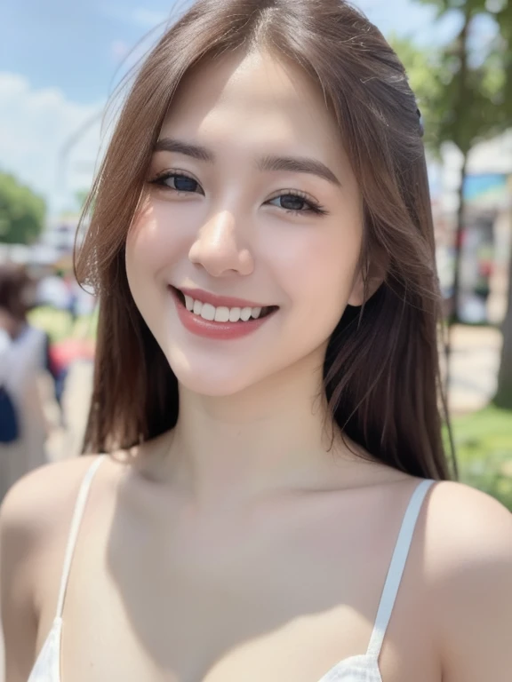 (realistic、masterpiece、Best Quality、8K、highres、high resolution:1.3)、1 girl、Huge breasts、smile、white bikini、looking at viewers、super fine face and eyes、long hair、 upper body、
