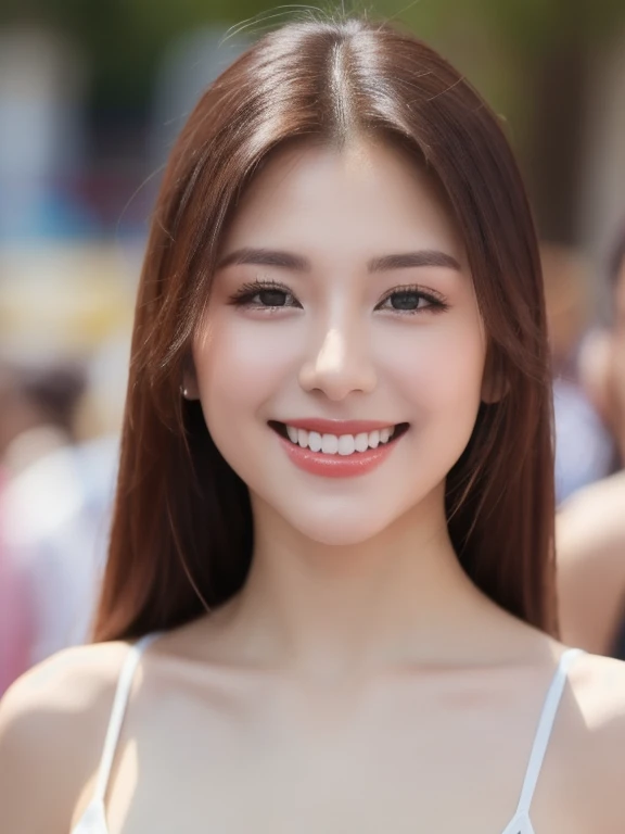 (realistic、masterpiece、Best Quality、8K、highres、high resolution:1.3)、1 girl、Huge breasts、smile、white bikini、looking at viewers、super fine face and eyes、long hair、 upper body、