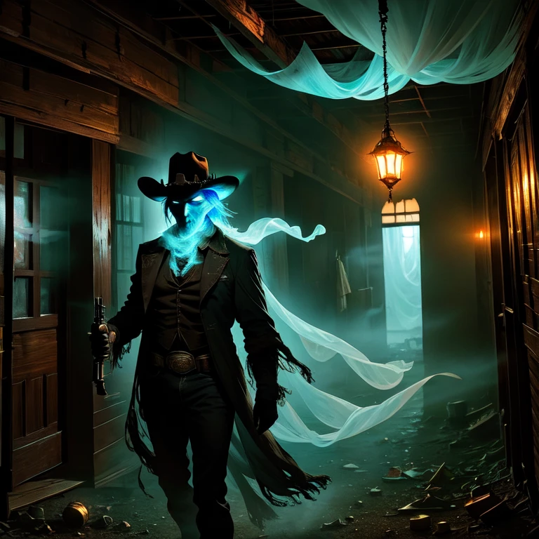 Create an eerie scene of a ghostly gunslinger from the Old West, his translucent form draped in tattered cowboy attire. He hovers slightly above the ground, wisps of ectoplasm trailing behind him like ethereal smoke. In each hand, he wields a spectral pistol, the barrels glowing with an otherworldly light. Instead of traditional bullets, these pistols shoot swirling ectoplasmic energy, illuminating the dark, dusty town with an eerie glow. Behind him, an abandoned saloon with swinging doors creaks in the wind, and a full moon casts an ominous light on the scene.