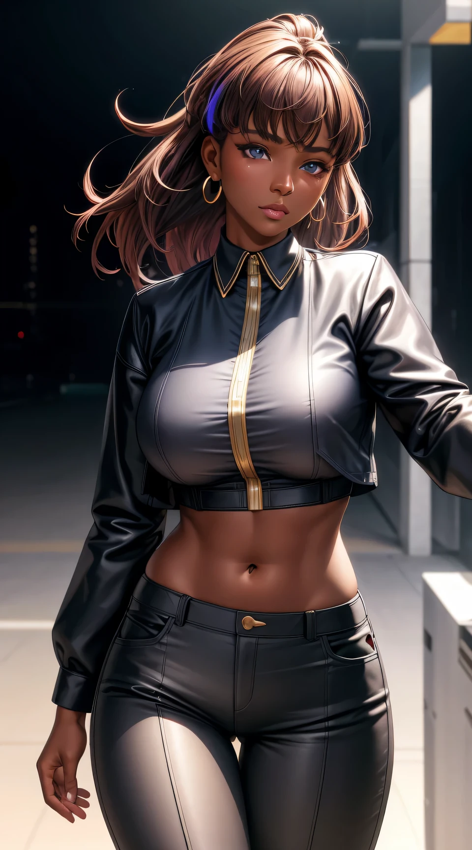 (best quality:1.5, highres, UHD, 4K, detailed lighting, shaders), brown floral haired, gradient hair, blwck eyes, large breasts, suit, gray shirt, social shirt, short pants, mature woman , (pov), white background, colorful eyeshadow, dramatic lighting, sparkling eyes, sensual expression, golden earrings, flowing hair, delicate facial features, dark skin, high cheekbones, urban setting, white background, dont look for the camera, lean forward, ( pose : behind  the camera)