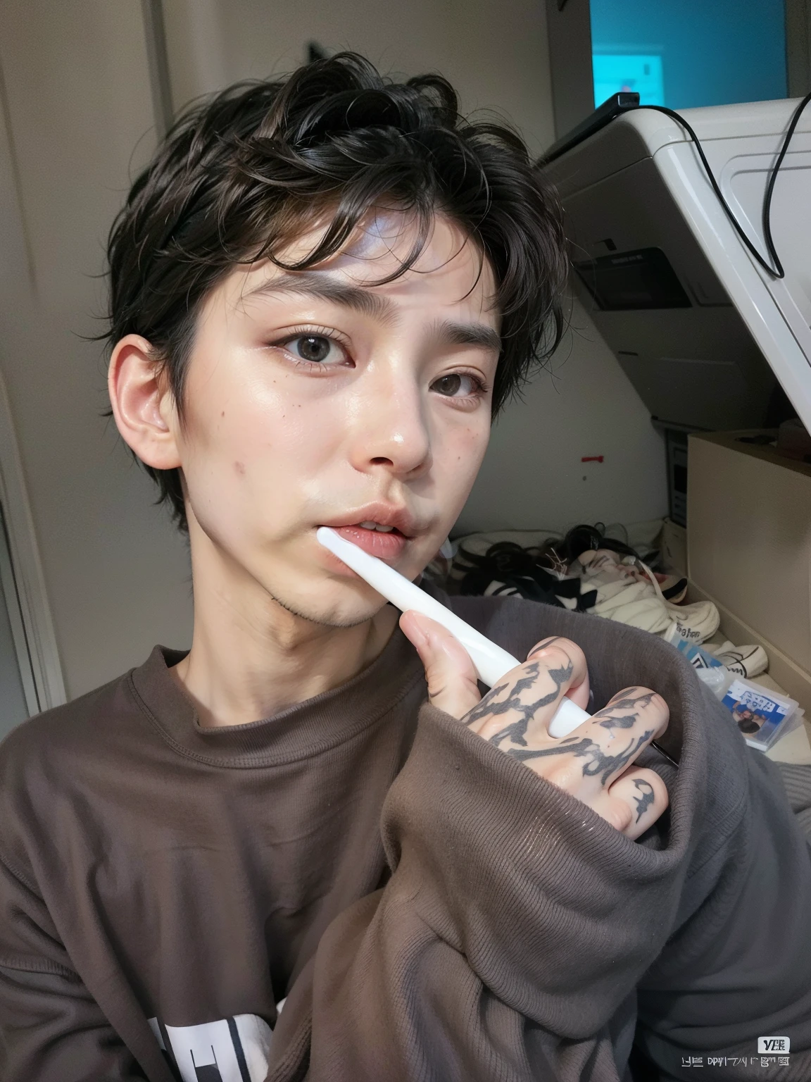 there is a man with a tattoo on his arm brushing his teeth, kim doyoung, pintar ulzzang, cai xukun, jinyoung shin, kim taejin, hong junio hyung, hombre surcoreano, hyung tae, yanjun chengt, ulzzang, handsome japanese demon boy, 1 7-year-old boy with a thin face, jeongseok lee, foto de perfil