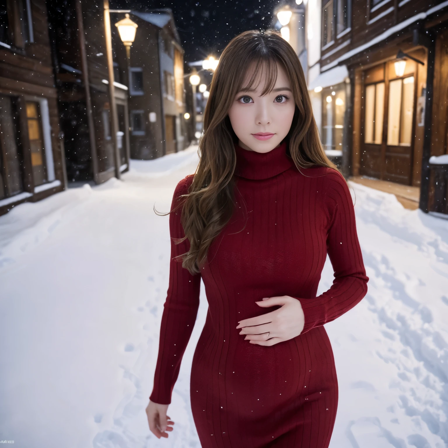 (table top、highest quality、8k、Award-winning work、ultra high resolution)、one beautiful woman、(Red Turtleneck Long Knit Sweater Dress:1.1)、perfect fit、brown hair、blonde、Very long wavy hair、epic movie lighting、(romantic love mood:1.1)、(The most romantic and moody atmosphere:1.1)、winter、snow scene、It&#39;s snowing、(Walking through the snowy streets of Norway:1.2)、look at me、(Huge breasts that look like they&#39;ll burst:1.1)、(Most emphasize the body line:1.1)、very long hair、blurred background、accurate anatomy、ultra high definition hair、ultra high resolutionの完璧な美しい歯、Ultra high definition beauty face、ultra high definition hair、Super high-definition sparkling eyes、輝くultra high resolutionの美肌、ultra high resolutionの艶やかな唇、(Full body photo:1.2)、pregnancy、(long legs:1.1)