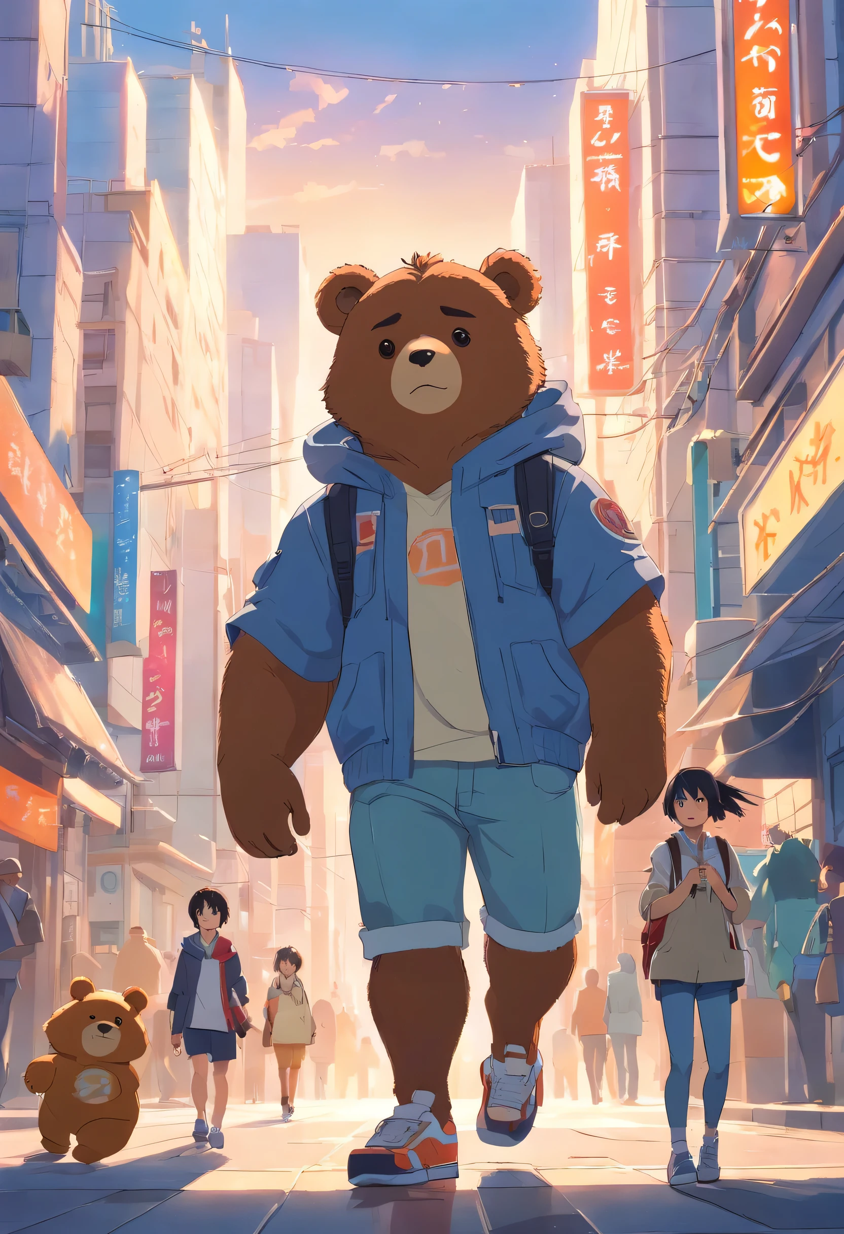 ((foto crua)), ((obra-prima)), Anthropomorphic humanoid bear wearing street clothes, andando entre as pessoas, detalhe intrincado, intricate Greebles pieces, city behind, sneaker, corpo musculoso, muscular arms, small head, Ogro monstruoso, Titan, soft-lighting, Hiper realista