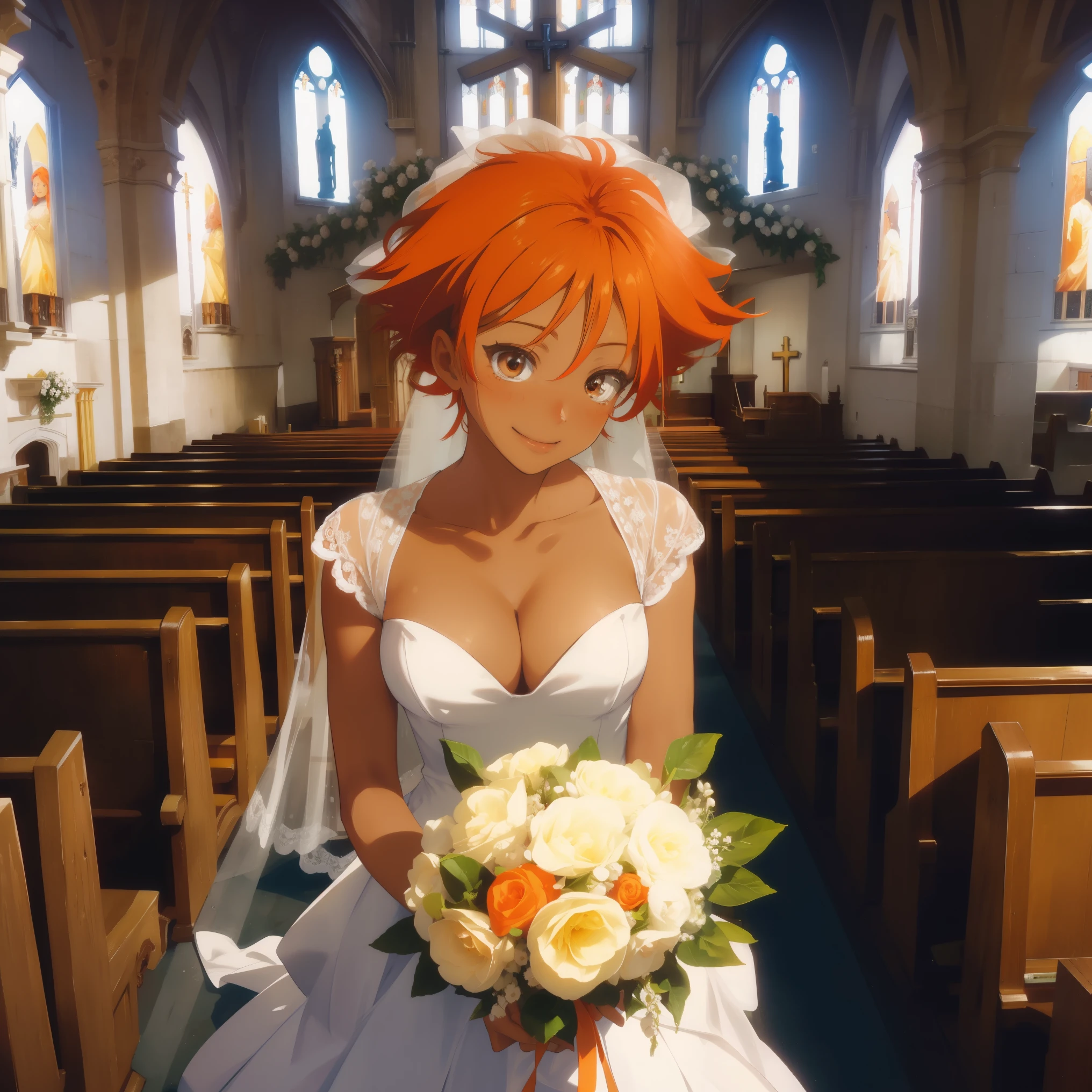 Edward, walking down a church, smiling, white wedding dress, holding bouquet of flowers, (((church background))) orange hair,tan skin, goggles, brown eyes, cleavage (insanely detailed, beautiful detailed face, masterpiece, best quality),