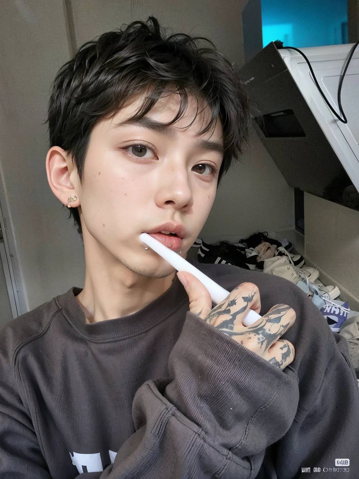 there is a man with a tattoo on his arm brushing his teeth, kim doyoung, pintar ulzzang, cai xukun, jinyoung shin, kim taejin, hong junio hyung, hombre surcoreano, hyung tae, yanjun chengt, ulzzang, handsome japanese demon boy, 1 7-year-old boy with a thin face, jeongseok lee, foto de perfil, arafed pale cute black haired