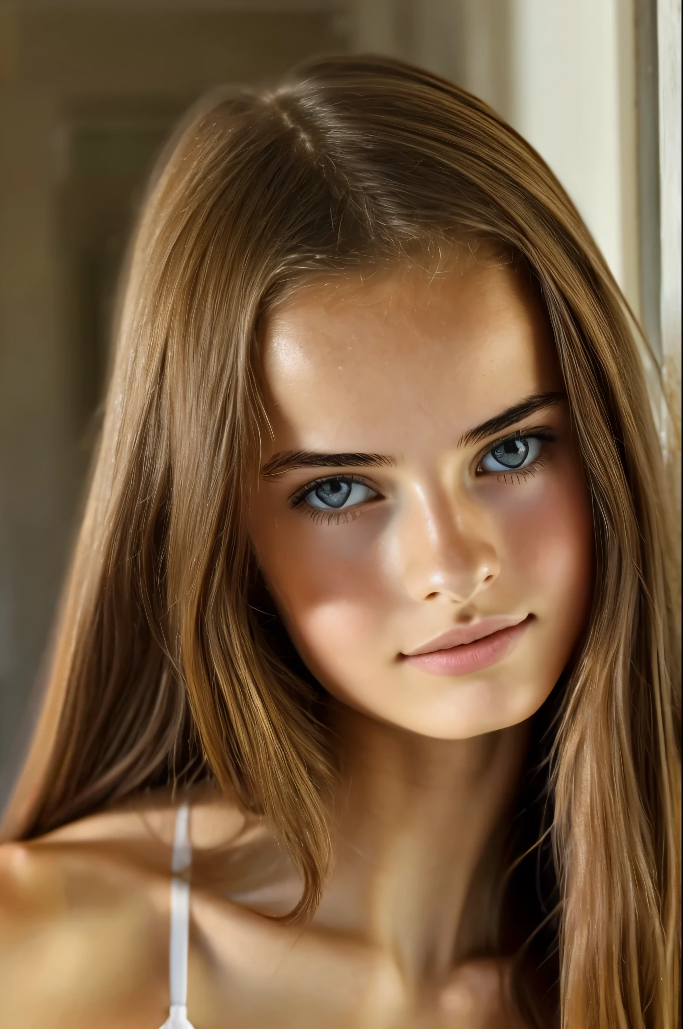 photo of young girl, modelshoot style, dirty blonde hair, short hair,  (looking at viewer:1.2), (detailed pupils:1.3), (natural light), (seductive), [: (film grain, 25mm, f/1,2, DoF, bokeh, beautiful face, ultra detailed skin, perfect sparkling eyes, skin pores, vellus hair, muscle tone and definition, fabric stitching, fabric texture, wood grain, stone texture, well defined pupils, prominent limbal ring, high contrast eyes, finely detailed features:0.7):0.7]