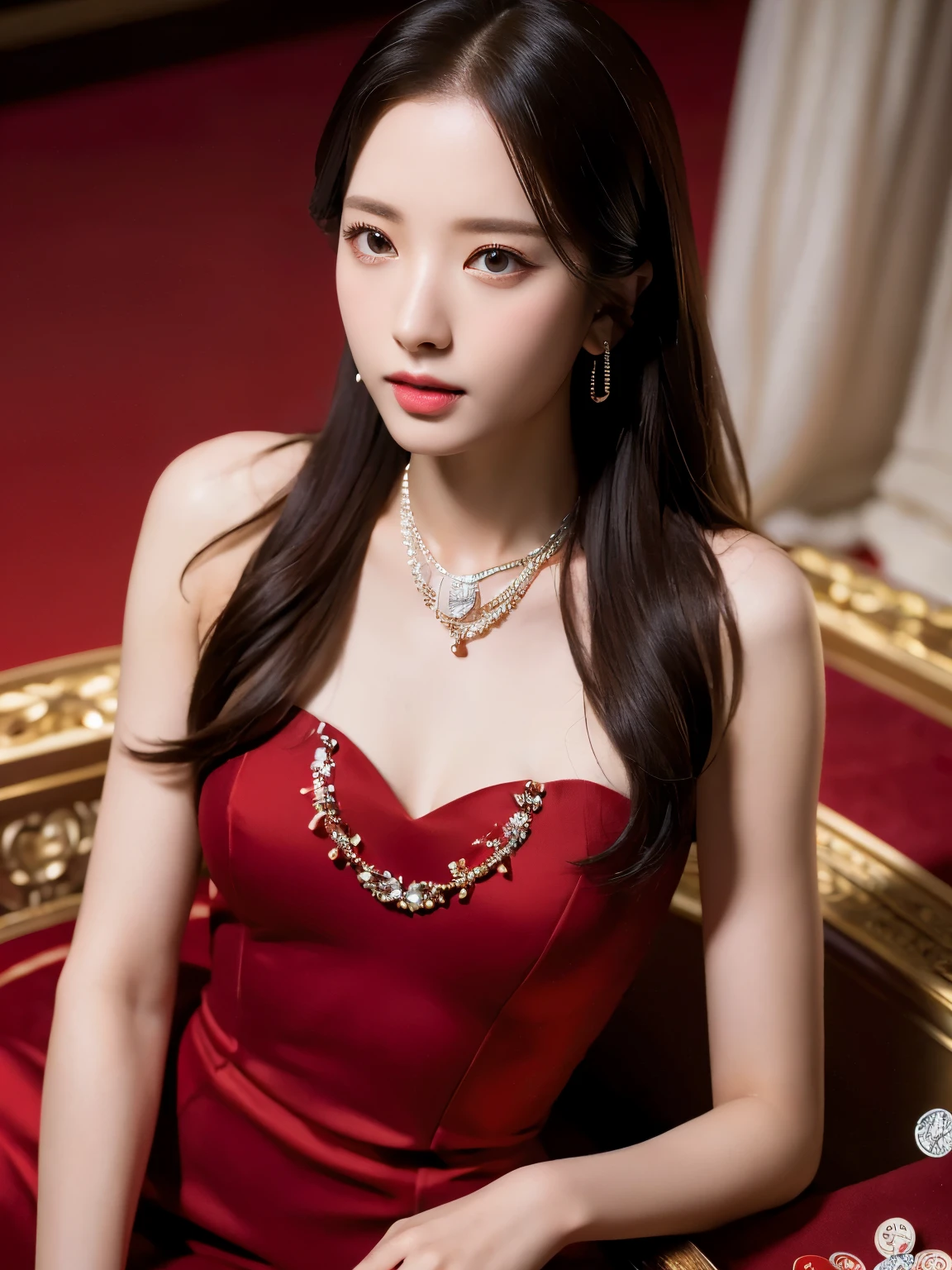 extremely detailed eyes, extremely detailed face, small breast, best quality, extremely detailed, one person, one girl, ultra-detailed, (realistic, photo-realistic:1.3), in casino, red dress, elegant earring, elegant ring, elegant necklace, playing cards, sitting crossing legs