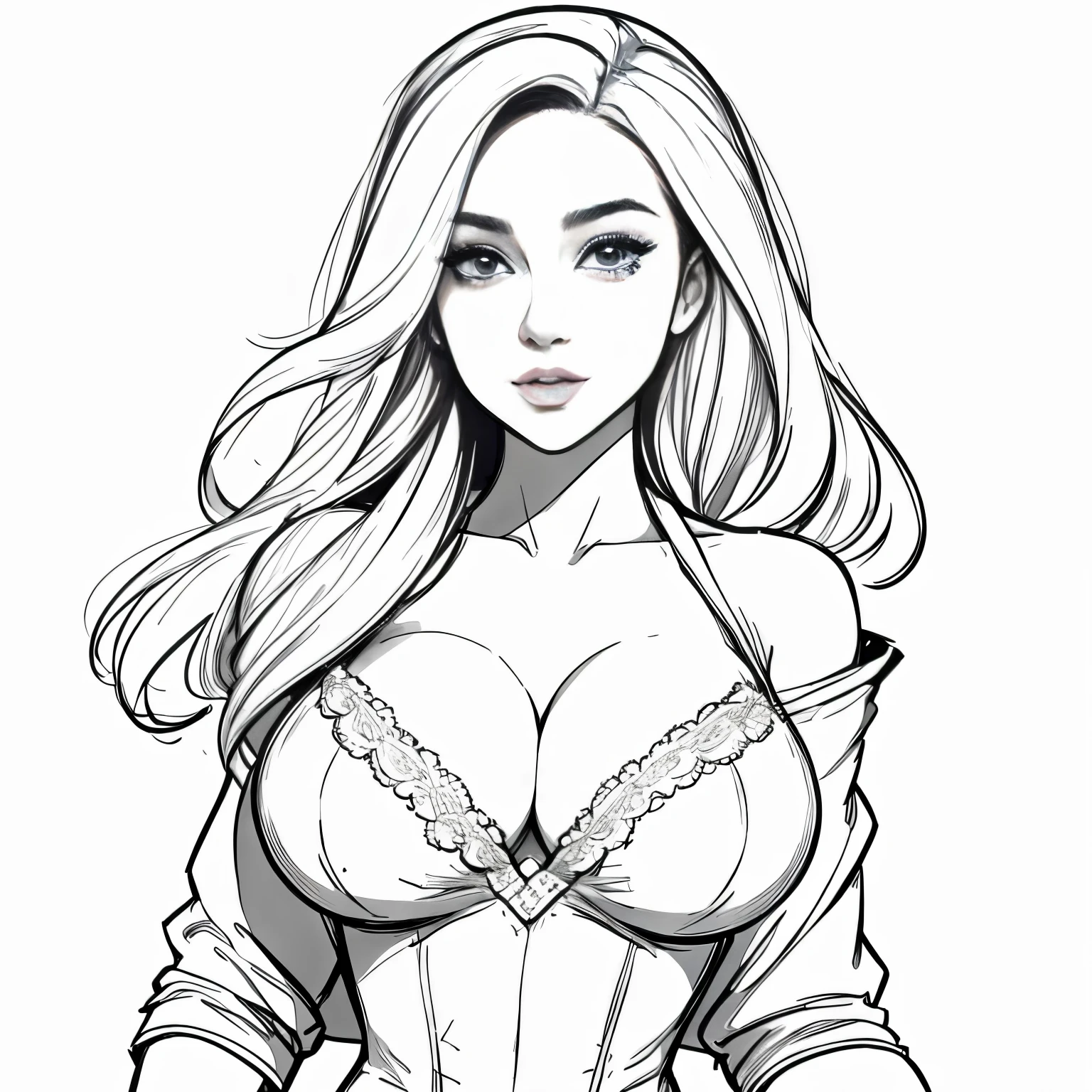 Coloring book for adults. Only black and white. low detail only main line. beautiful sensual nude and erotic woman with massive breasts. The breasts are not covered by anything. white background. white colors. full body view of blonde woman. (Ultra detailed:1.3) ((((best quality))) ,