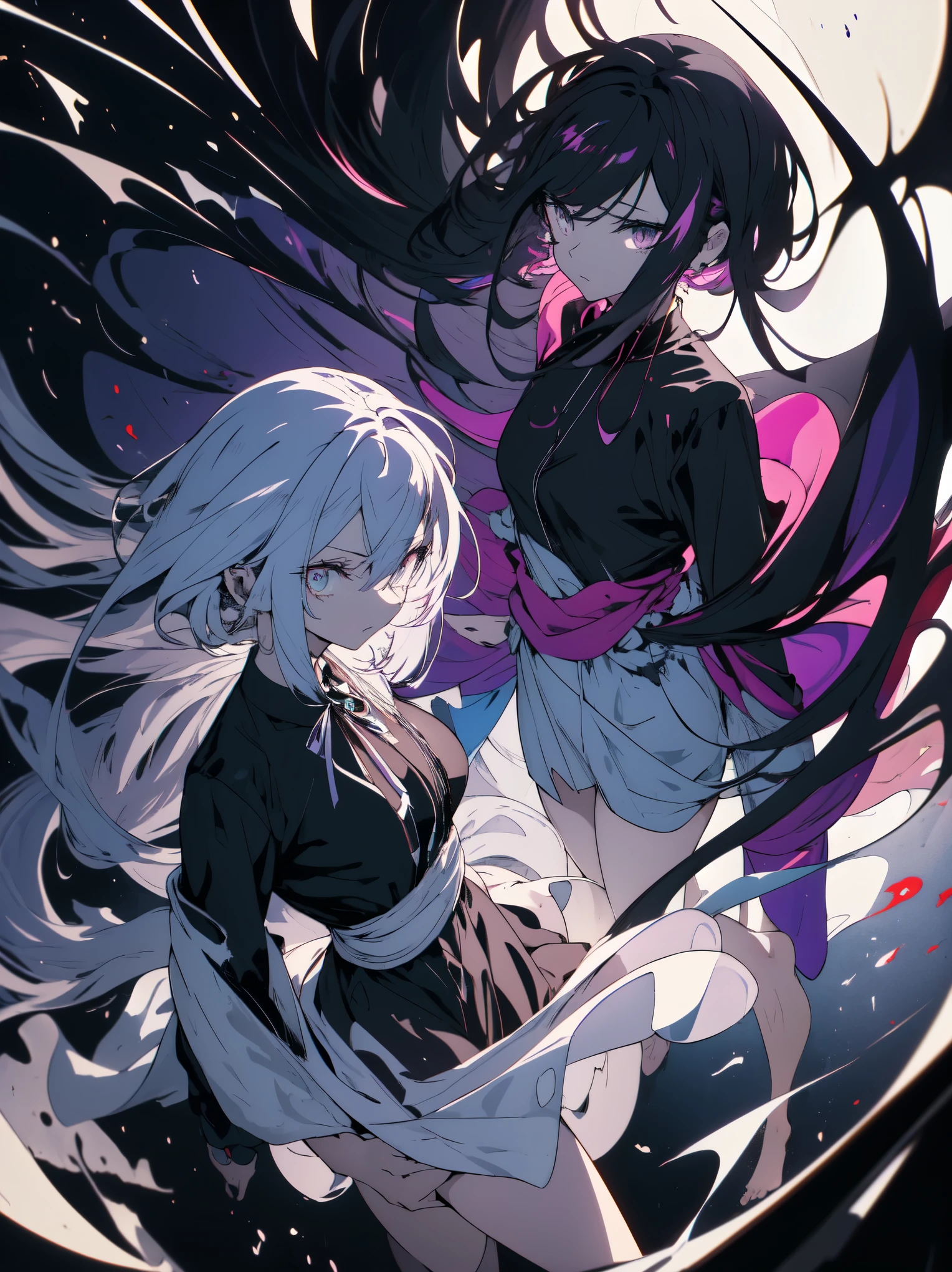 (ultra anime), (shape), (High resolution), (8k), (very detailed), (Best shape), (detailed beautiful eyes), (highest quality), (Super detailed), (masterpiece), (wallpaper), (detailed face), (With two people), (dynamic pose), one man and one girl, On the purple roses spread out on the ground、white wavy hair, Japanese, iris colored eyes, (((very thin, small short nightdress)), big breasts, long legs, best leg comfort, tall nonhuman man、Spooky look、The man wears a jet black costume and has tattered wings.、jet black monster(two people facing each other and looking at each other), beautiful anime