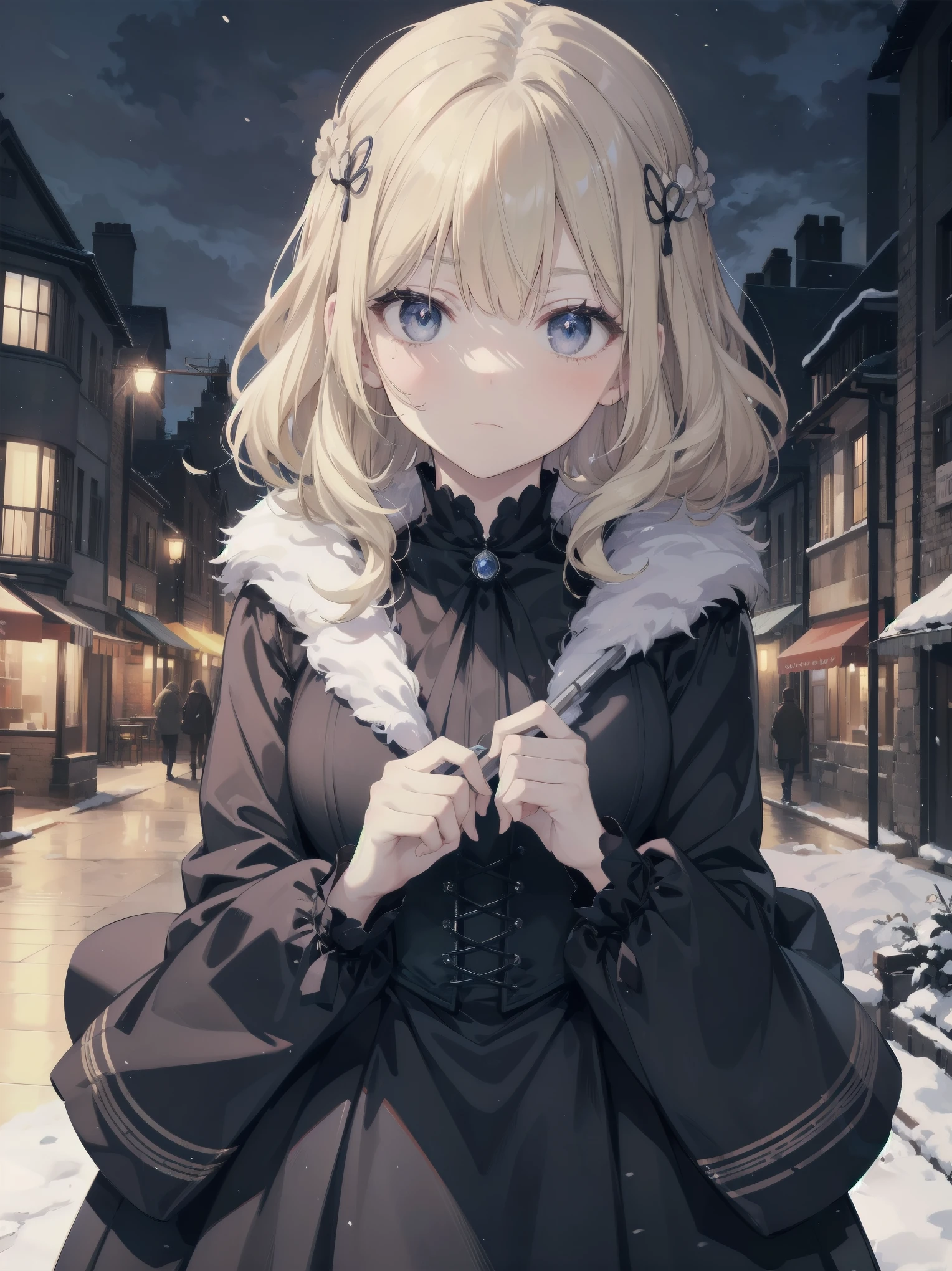 With background: snowy night cityscape。Detailed drawings of buildings and cityscapes using precise three-dimensional thinking。
shape: 20 year old girl。The hairstyle is bob、hair color is blonde、Hair is wavy。
expression and eyes: serious expression、eyes are blue、realistic and complex eyes。
clothing: black and purple gothic clothes。long sleeves and skirt、Corset available。
Pause：holding an umbrella in his left hand。
effect:Focus on the face from above。
style: Ghibli style special elements：I never have