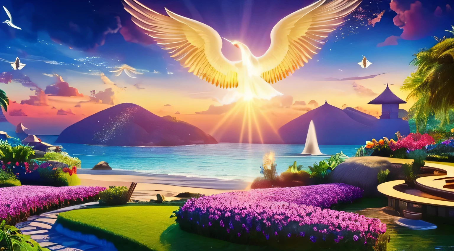 Celestial Kingdom with Flying Angels and Companionship in Paradise, where the redeemed enjoy God's presence after repentance, 8K, ultra realista